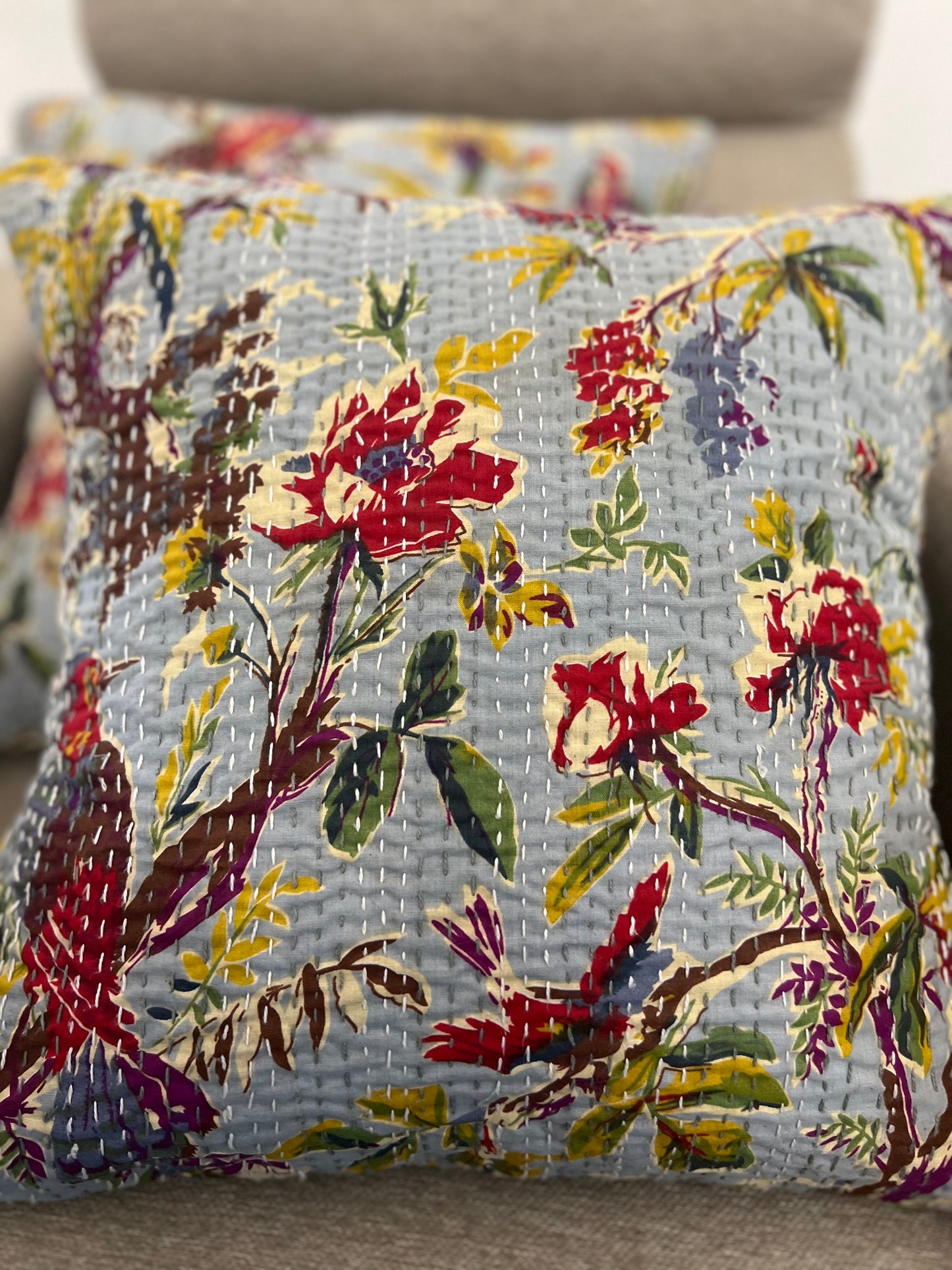 Kantha Cushion Cover | 16*16 Inches | Legends of Sparrow - Grey