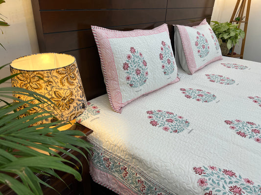 Quilted Bedcover | 90*108 Inches | Pink Aqua