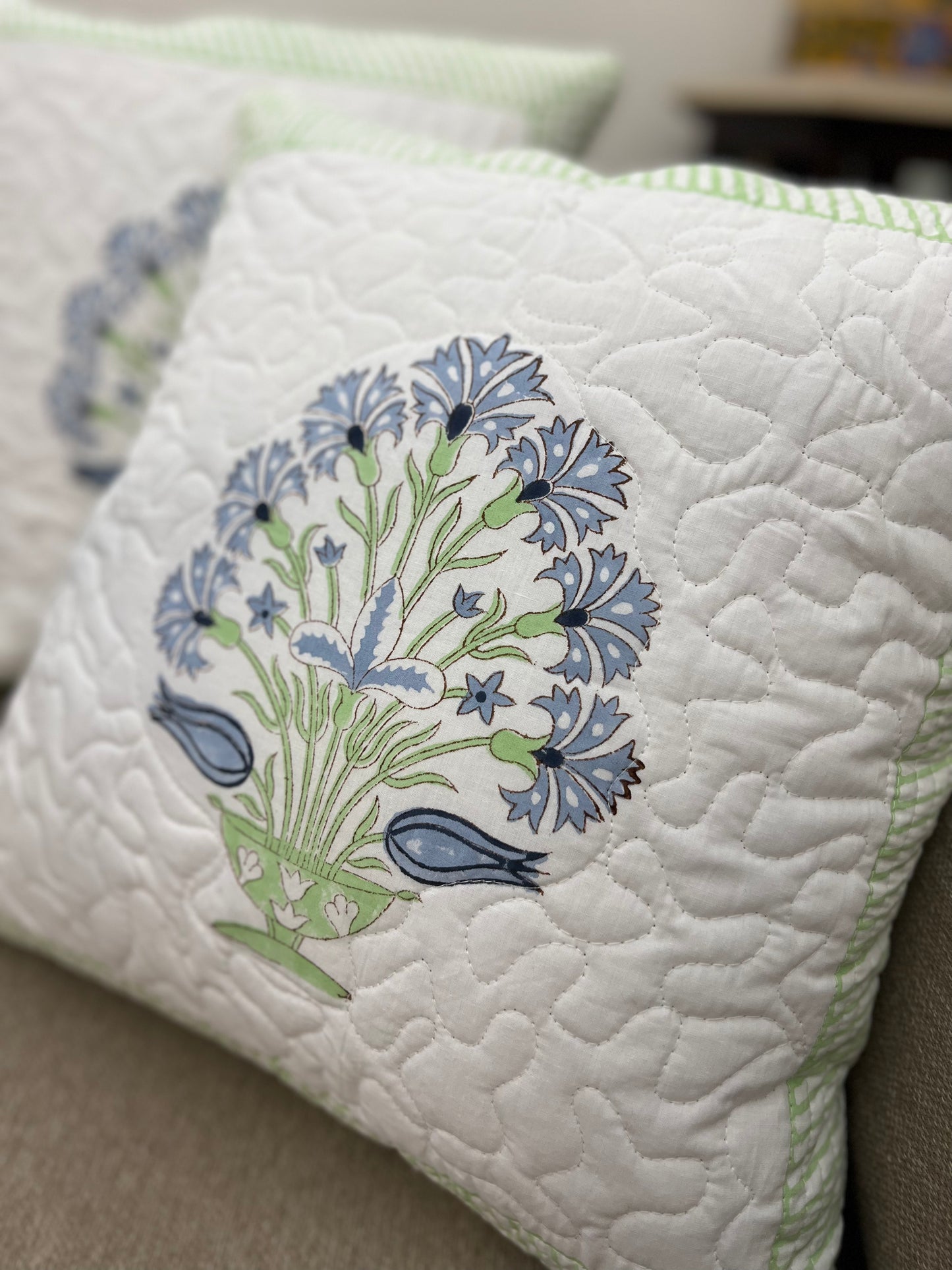 Pair | Quilted Cushion Cover | 16*16 Inches | Light Blue & Green