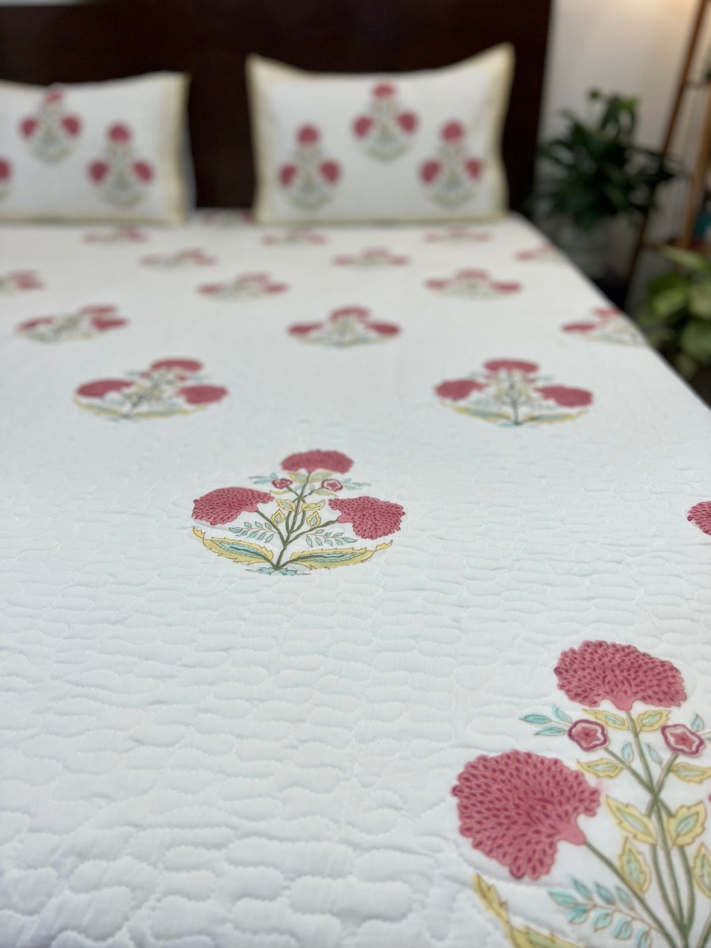 Quilted Bedcover | 90*108 Inches | Pink Poppy yellow Border