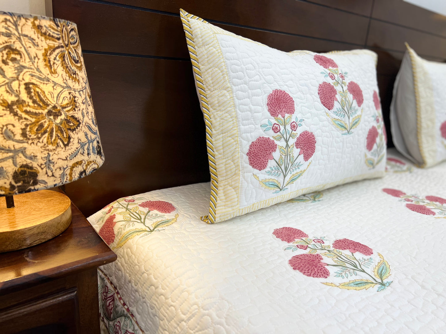 Quilted Bedcover | 90*108 Inches | Pink Poppy yellow Border