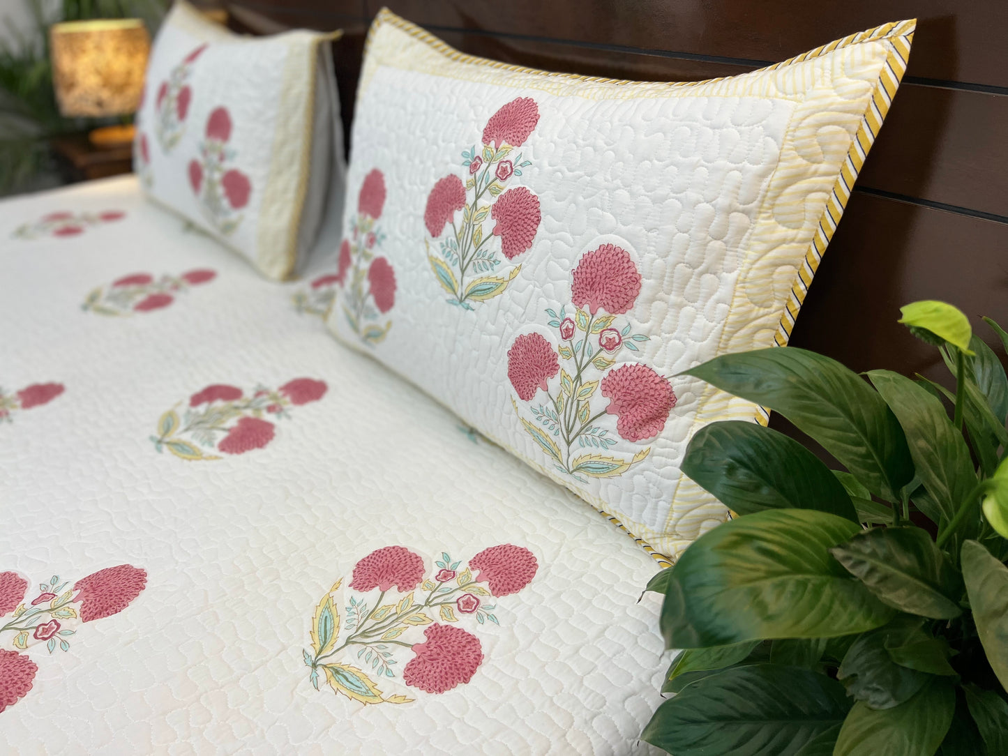 Quilted Bedcover | 90*108 Inches | Pink Poppy yellow Border