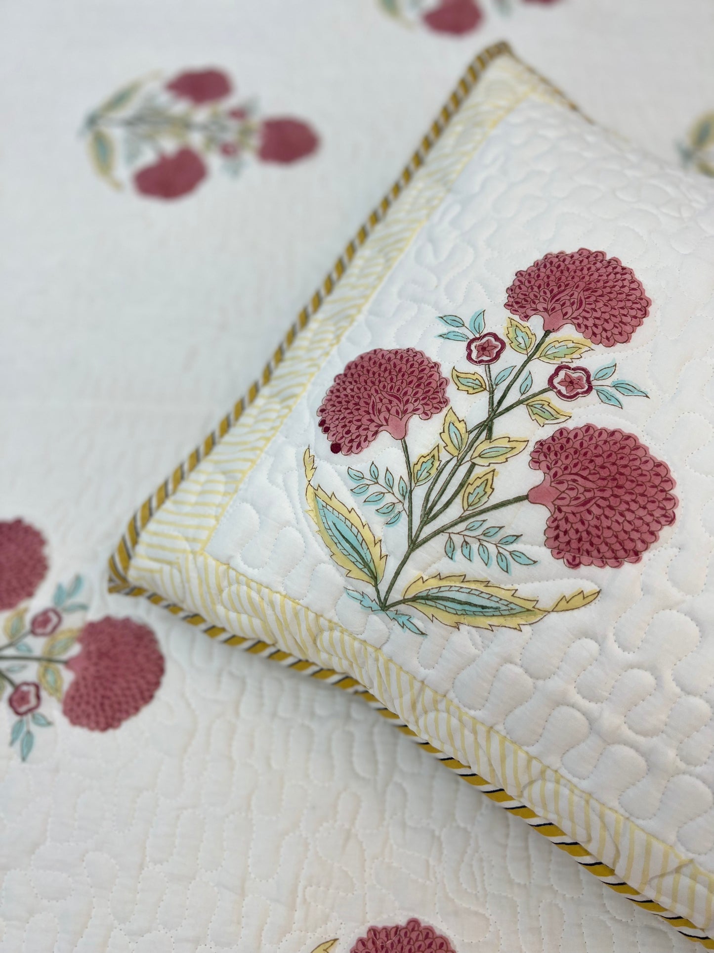 Quilted Bedcover | 90*108 Inches | Pink Poppy yellow Border