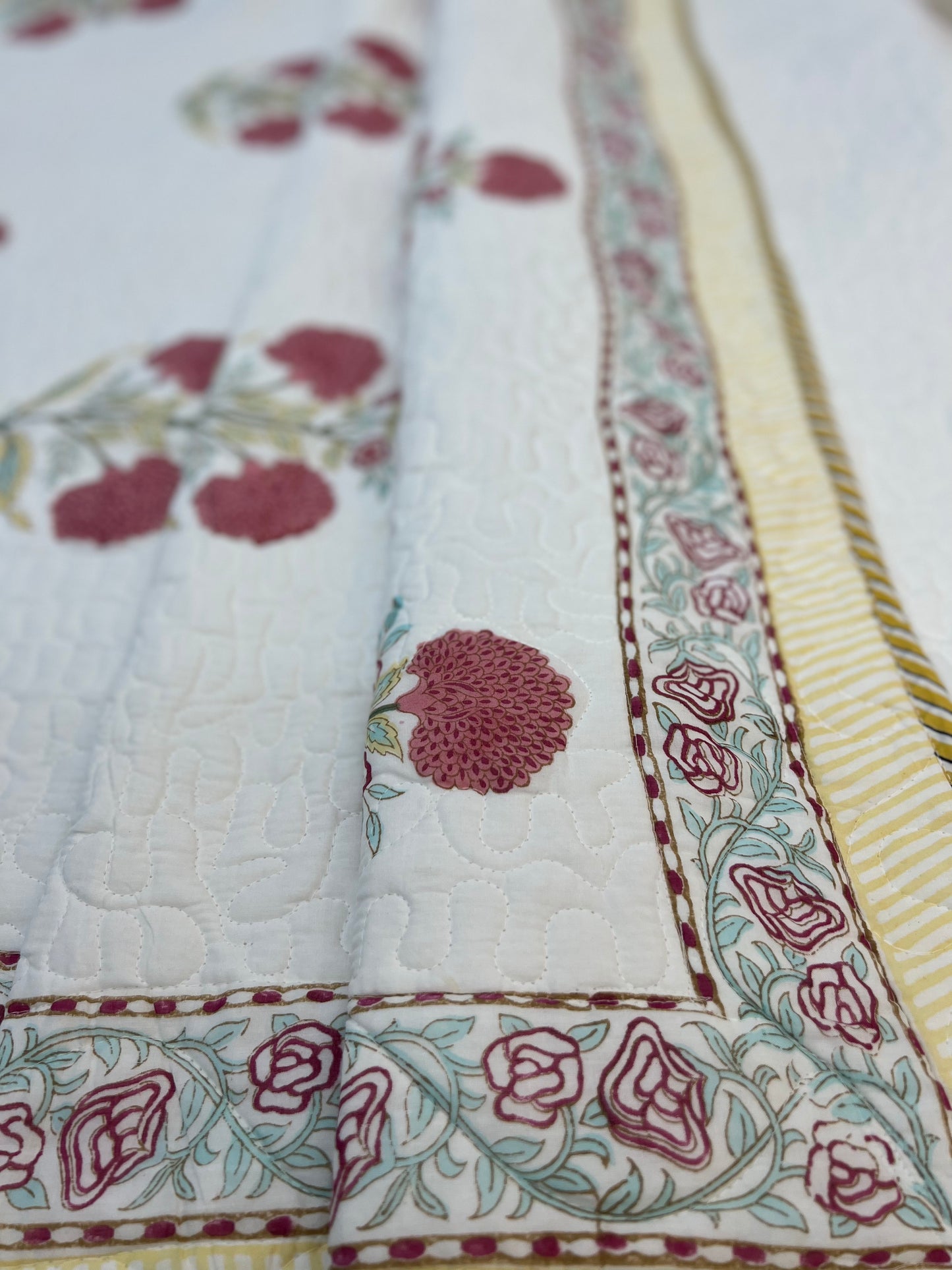 Quilted Bedcover | 90*108 Inches | Pink Poppy yellow Border