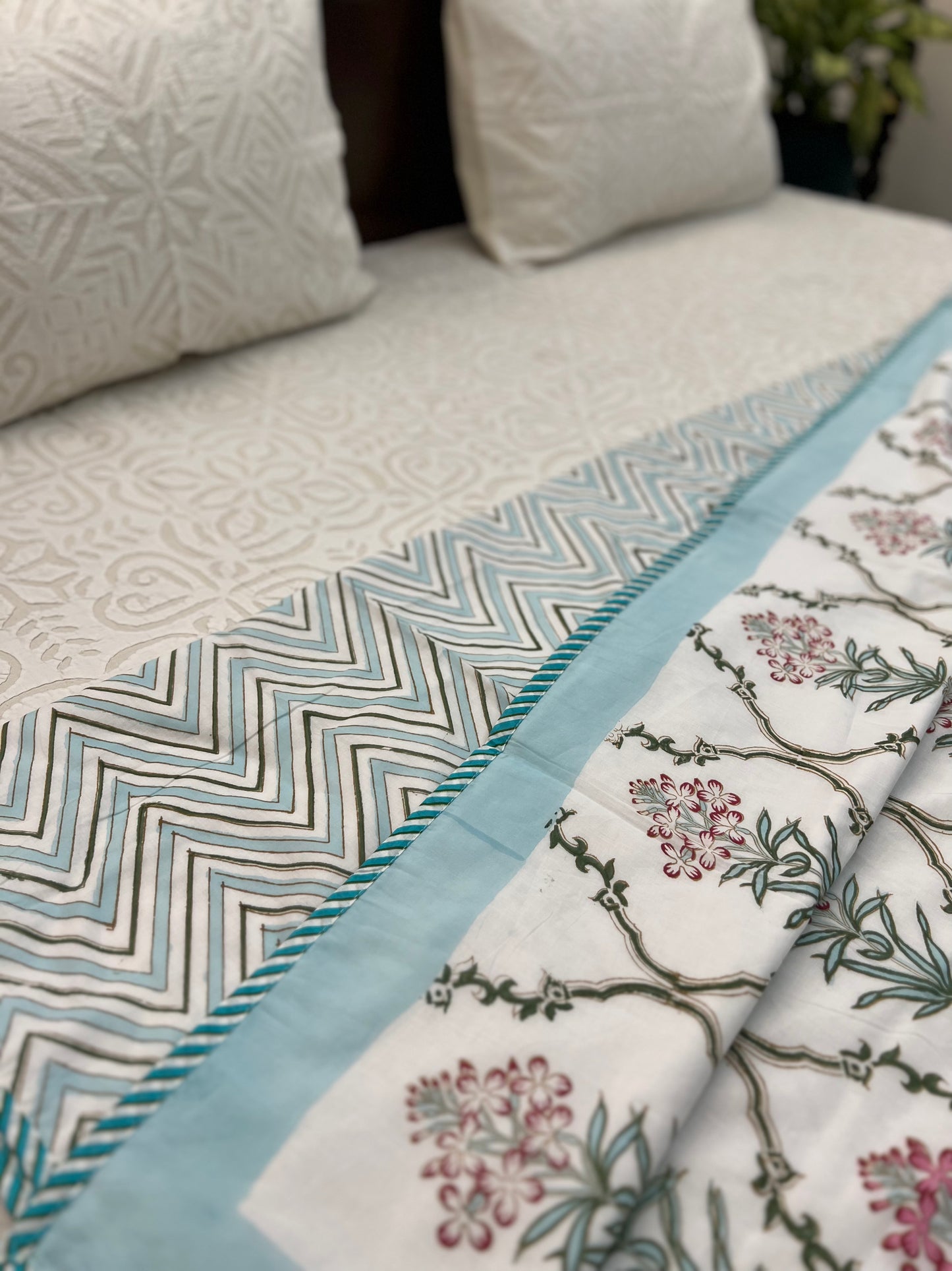 Reversible Hand Block Dohar | Single Size | 60*90 Inches | Aqua Jaal