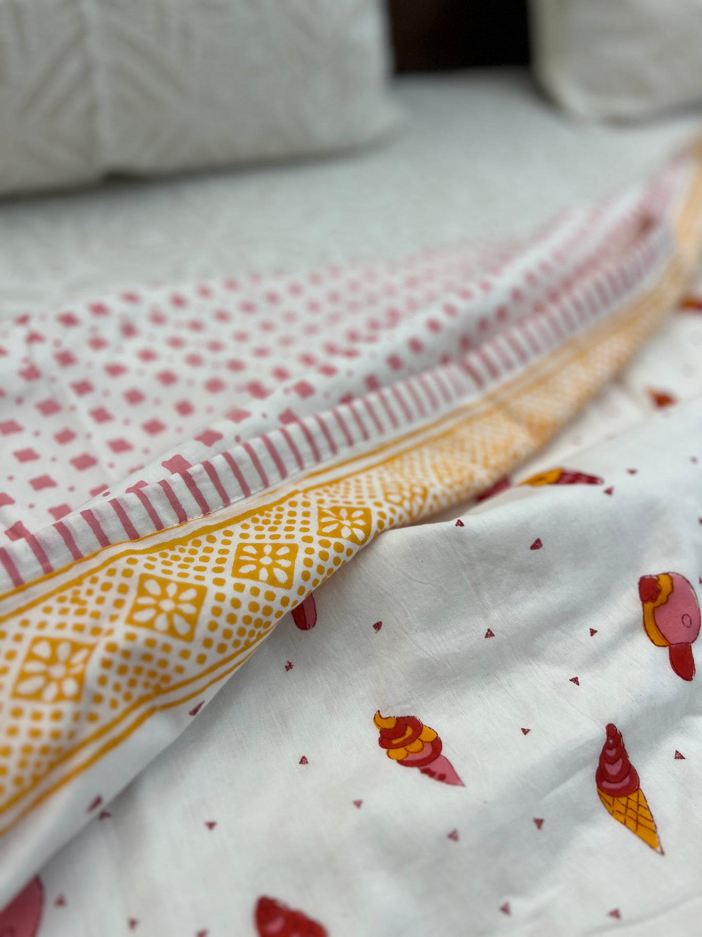 Reversible Hand Block Organic Cotton Dohar | Single Size | 60*90 Inches | Icecreams