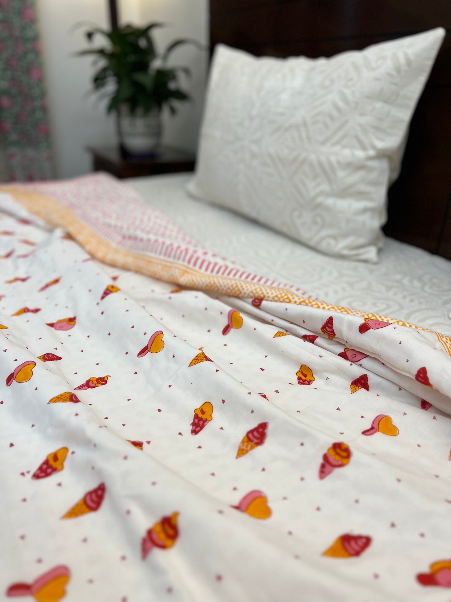 Reversible Hand Block Organic Cotton Dohar | Single Size | 60*90 Inches | Icecreams