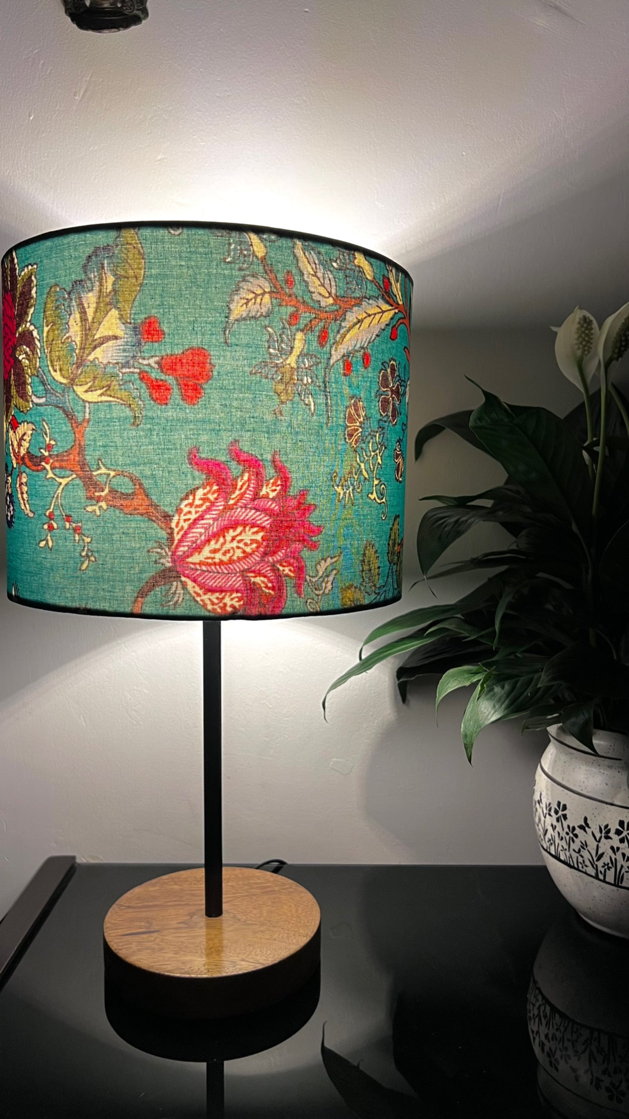 Lamp - Dark Aqua Blue & Pink Floral