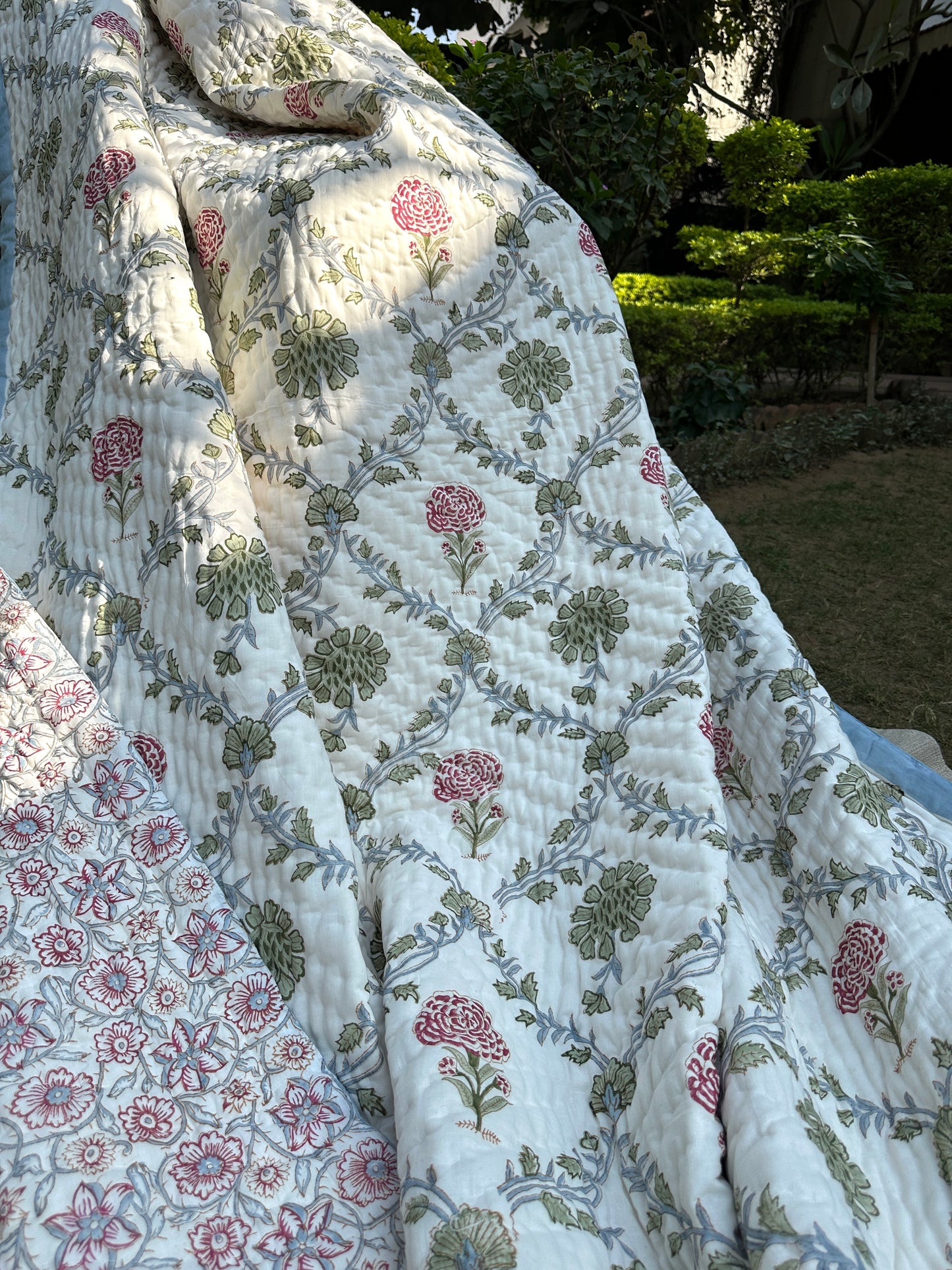 Reversible Hand Block Quilt | Floral Cascade