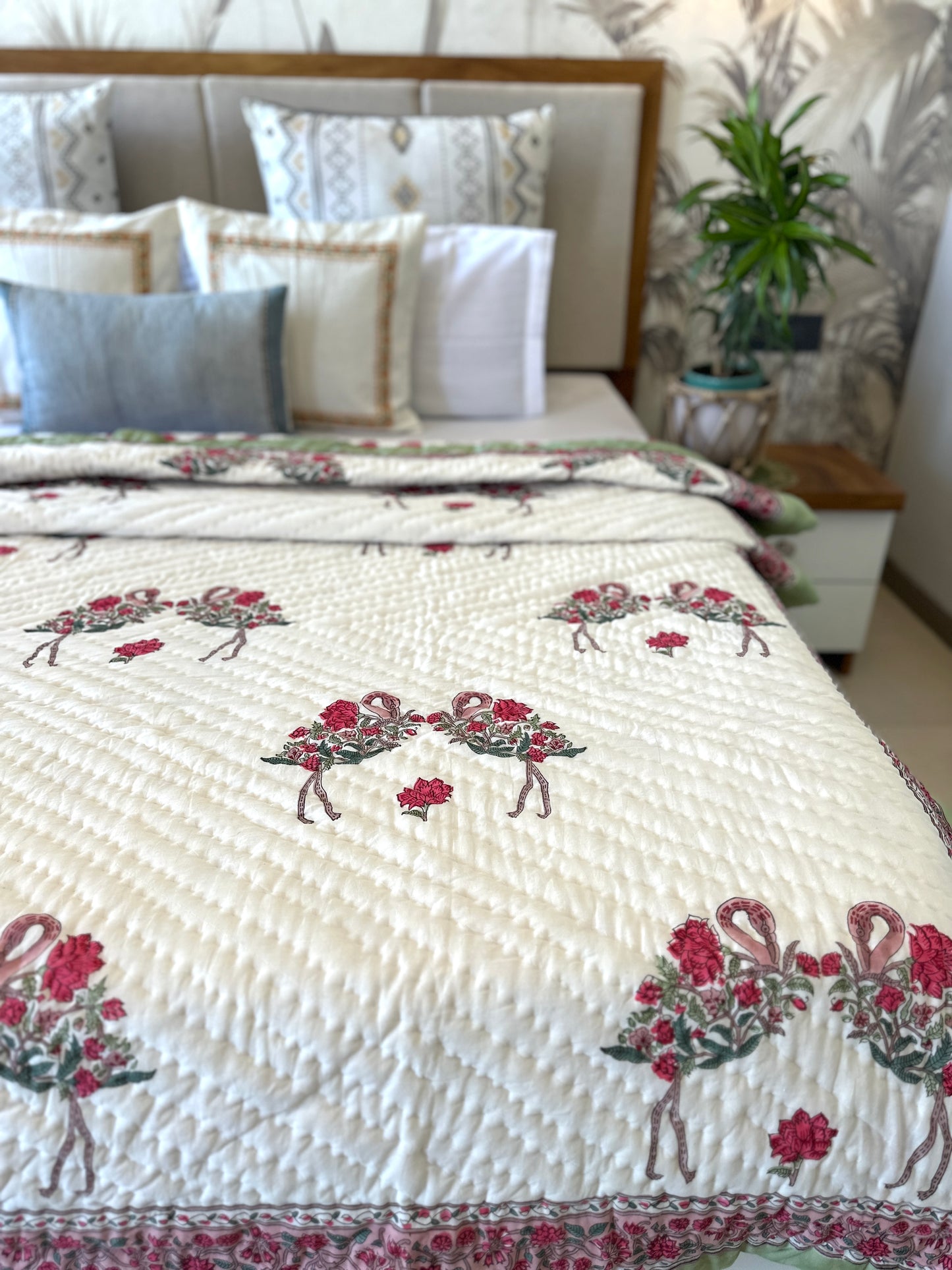 Reversible Hand Block Quilt | Love Birds