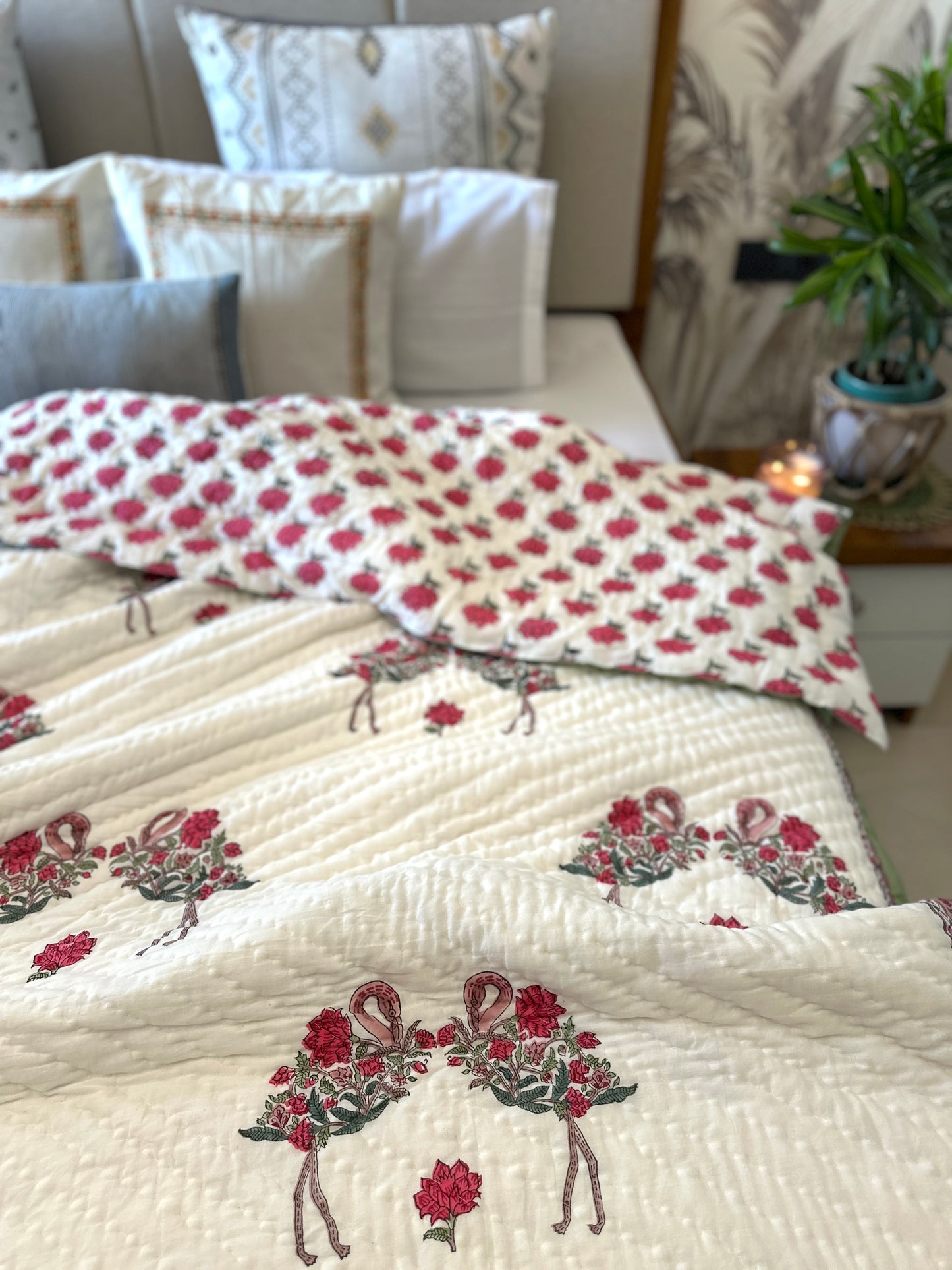 Reversible Hand Block Quilt | Love Birds