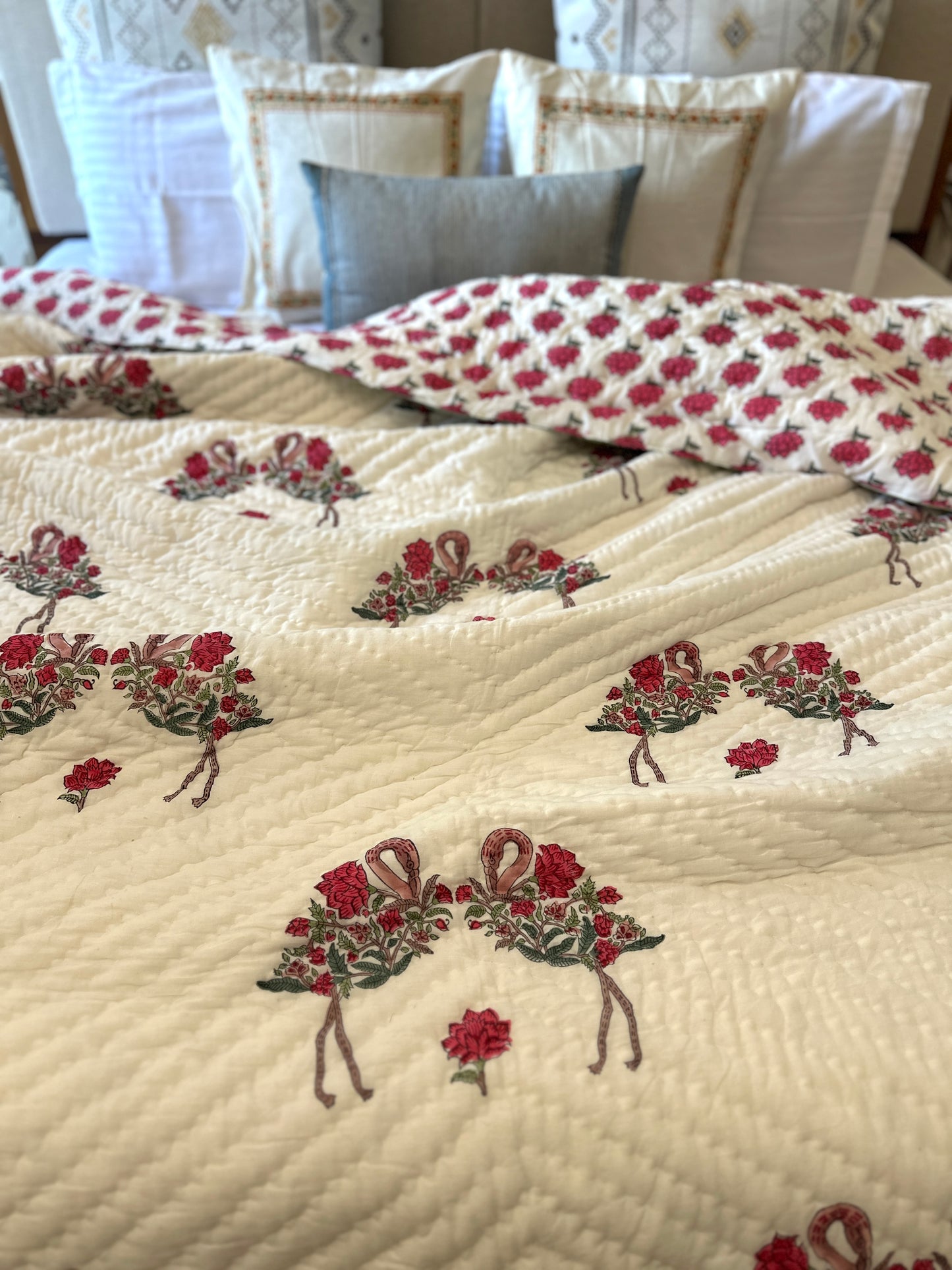 Reversible Hand Block Quilt | Love Birds