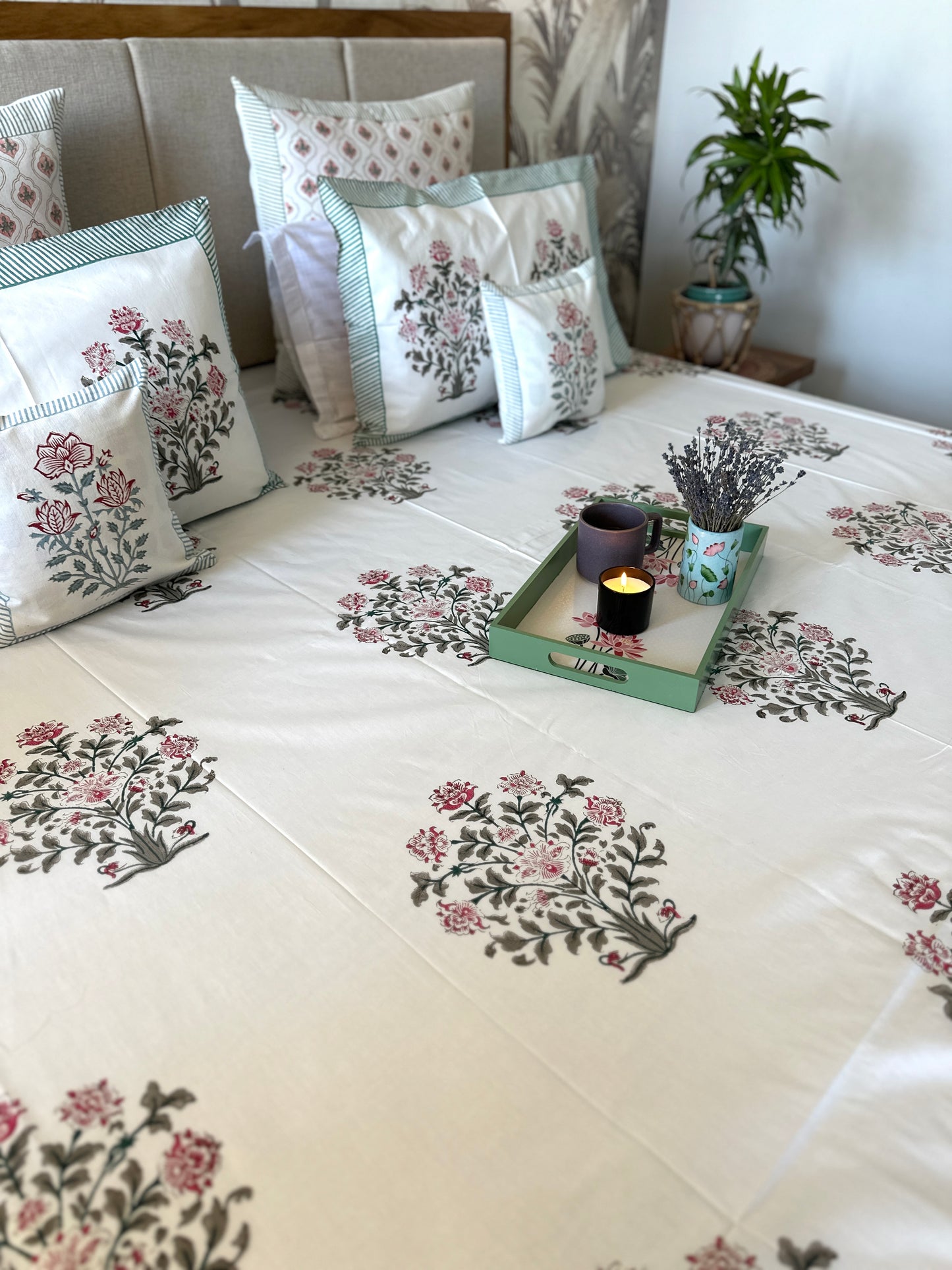 Bedding Set Hand Block | Quilt with Bedsheet Set | Moonlit Rose