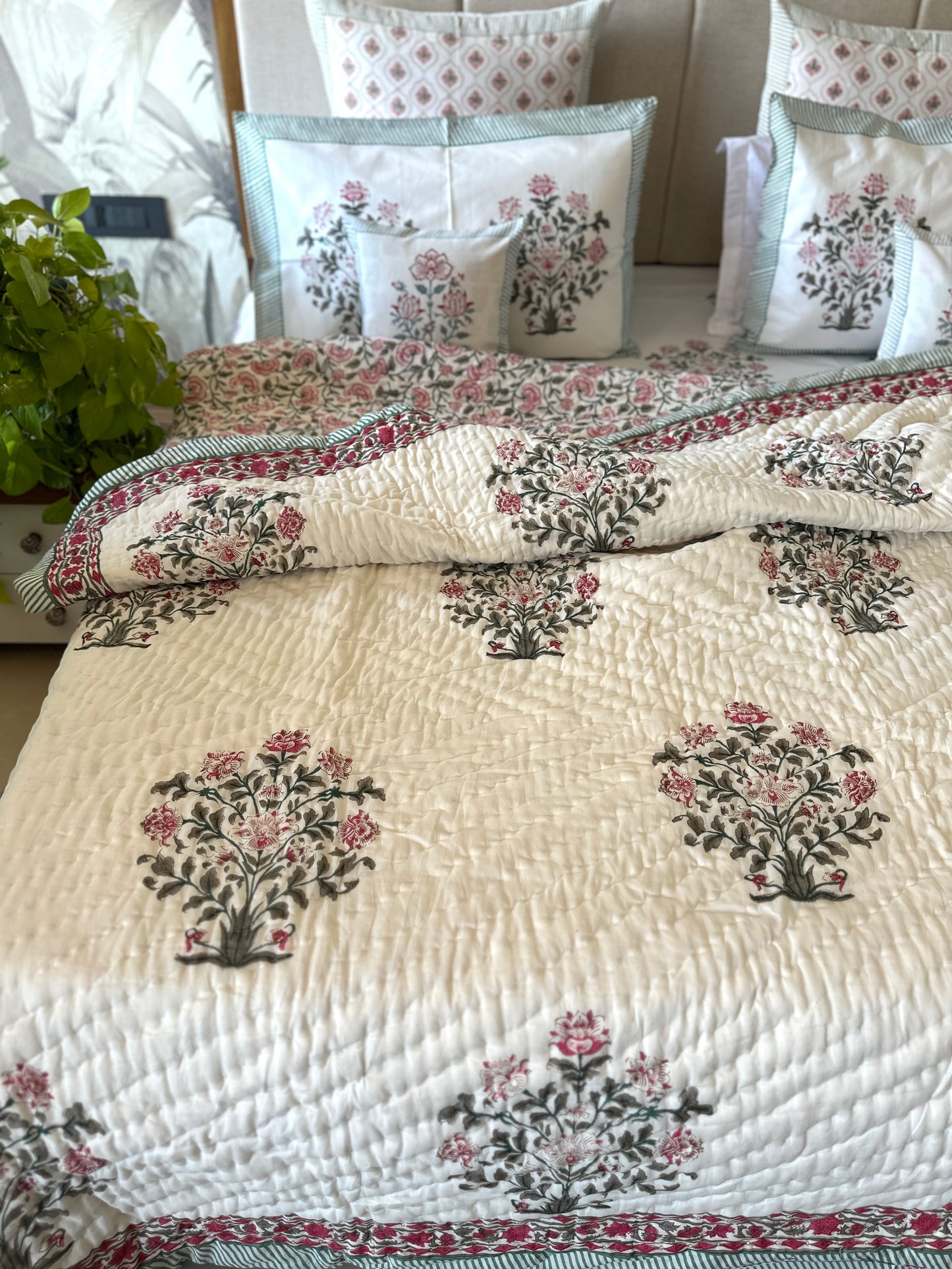 Bedding Set Hand Block | Quilt with Bedsheet Set | Moonlit Rose