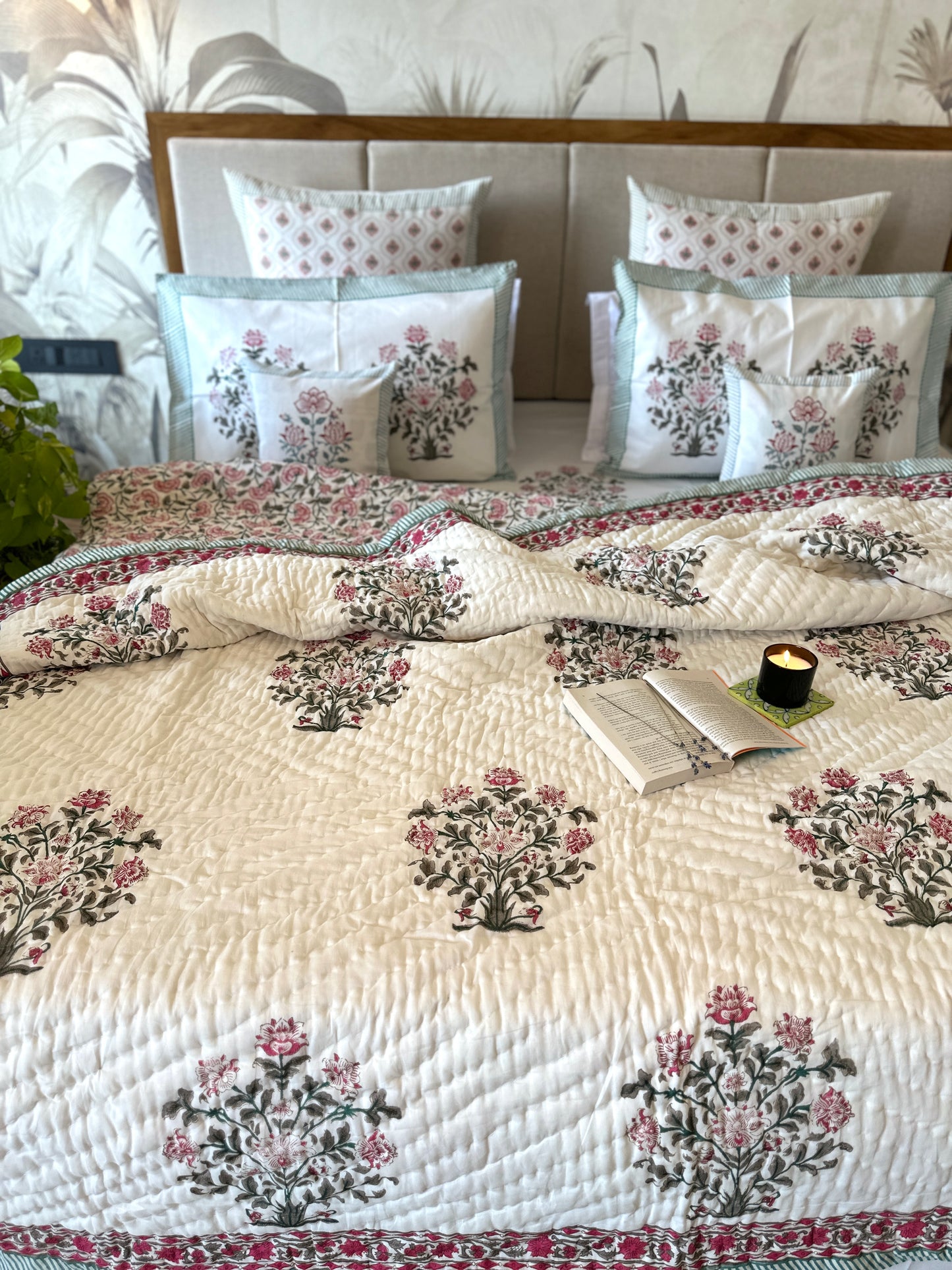 Bedding Set Hand Block | Quilt with Bedsheet Set | Moonlit Rose