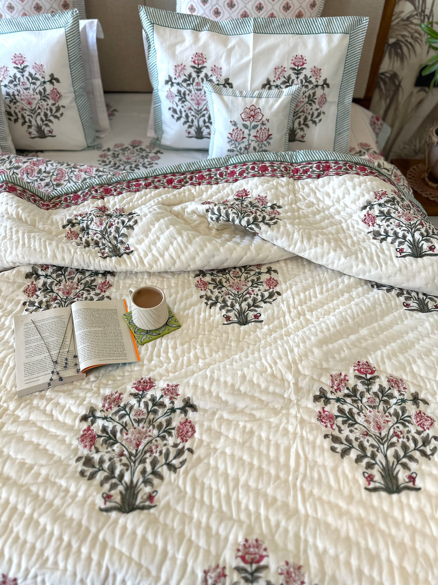 Bedding Set Hand Block | Quilt with Bedsheet Set | Moonlit Rose