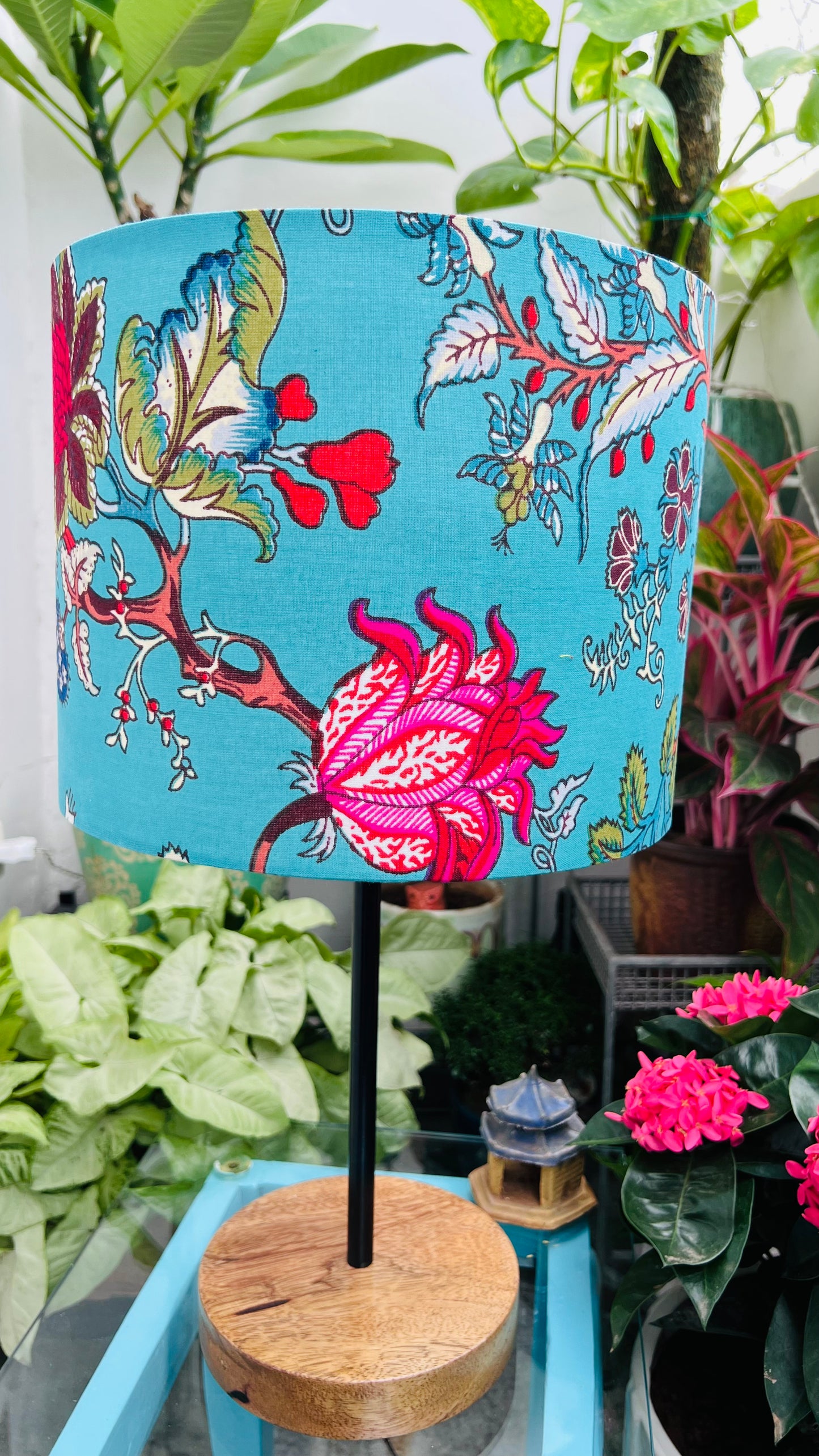 Lamp - Dark Aqua Blue & Pink Floral