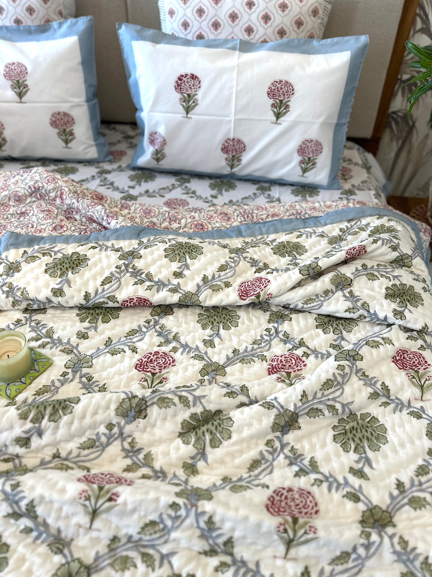 Bedding Set Hand Block | Quilt with Bedsheet Set | Floral Cascade