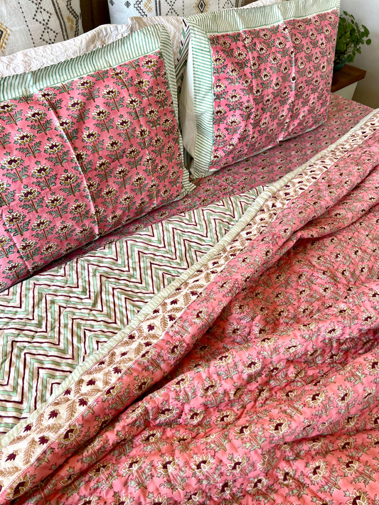 Bedding Set | Quilt with Bedsheet Set | Pink Bloom