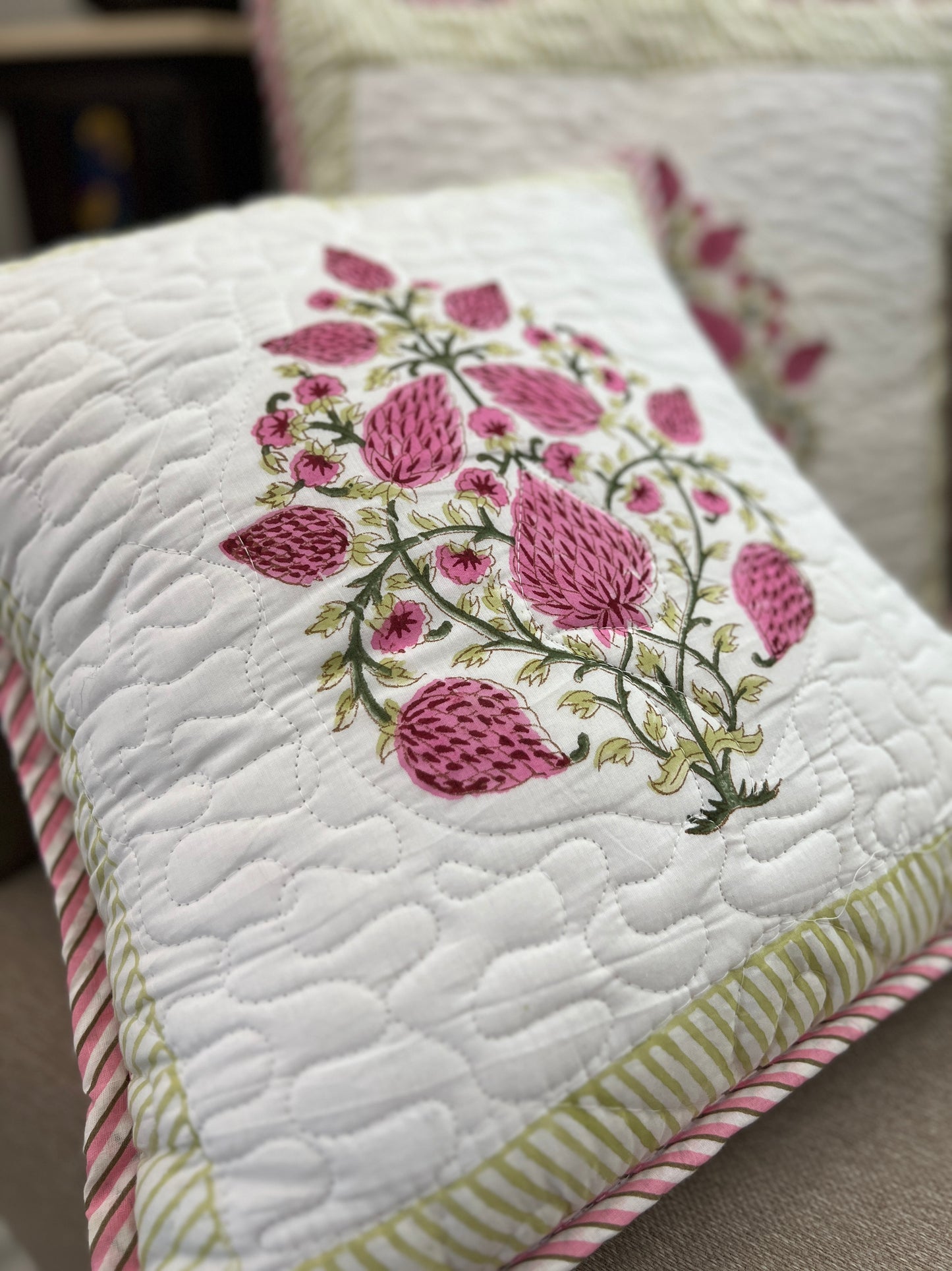 Pair |  Quilted Cushion Cover | 16*16 Inches | Jaipur Block