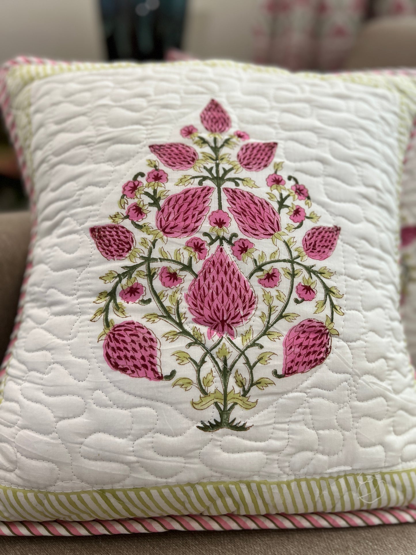 Pair |  Quilted Cushion Cover | 16*16 Inches | Jaipur Block