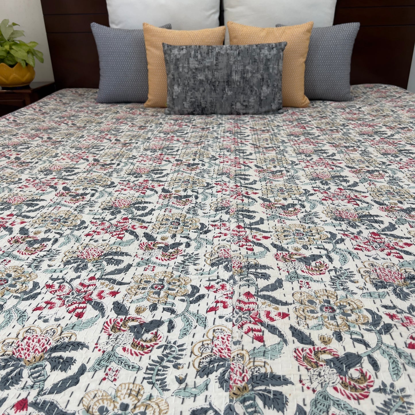 Kantha Bedcover | King Size | 90*108 Inches | Vibrant Petals