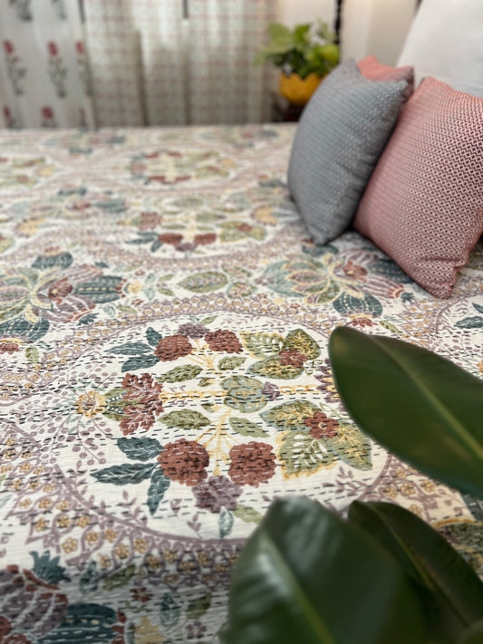 Kantha Bedcover | King Size | 90*108 Inches | Enchanting Blooms