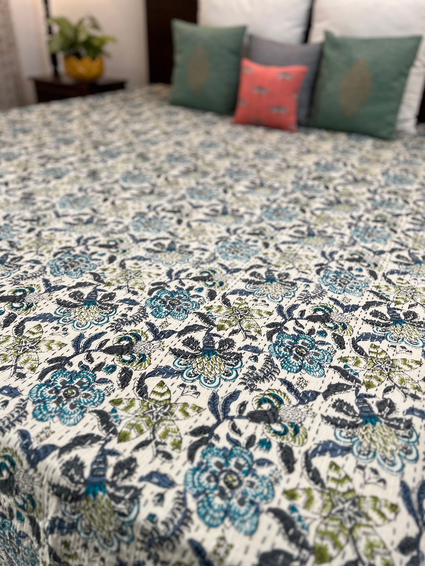 Kantha Bedcover | King Size | 90*108 Inches | Floral Symphony