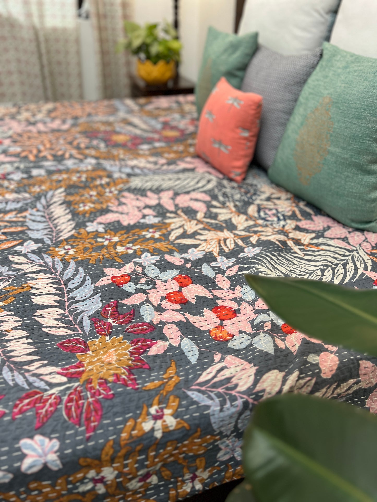 Kantha Bedcover | King Size | 90*108 Inches | Tropical Paradise