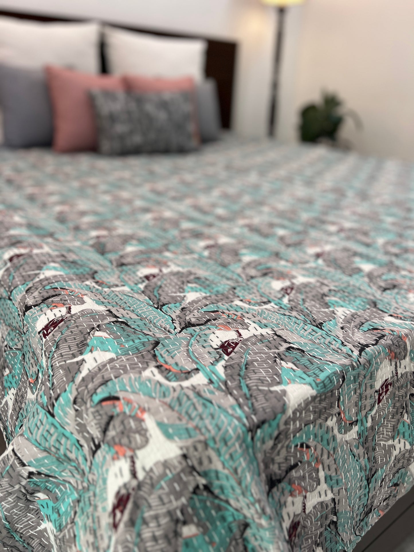 Kantha Bedcover | King Size | 90*108 Inches | Tropical Landscape