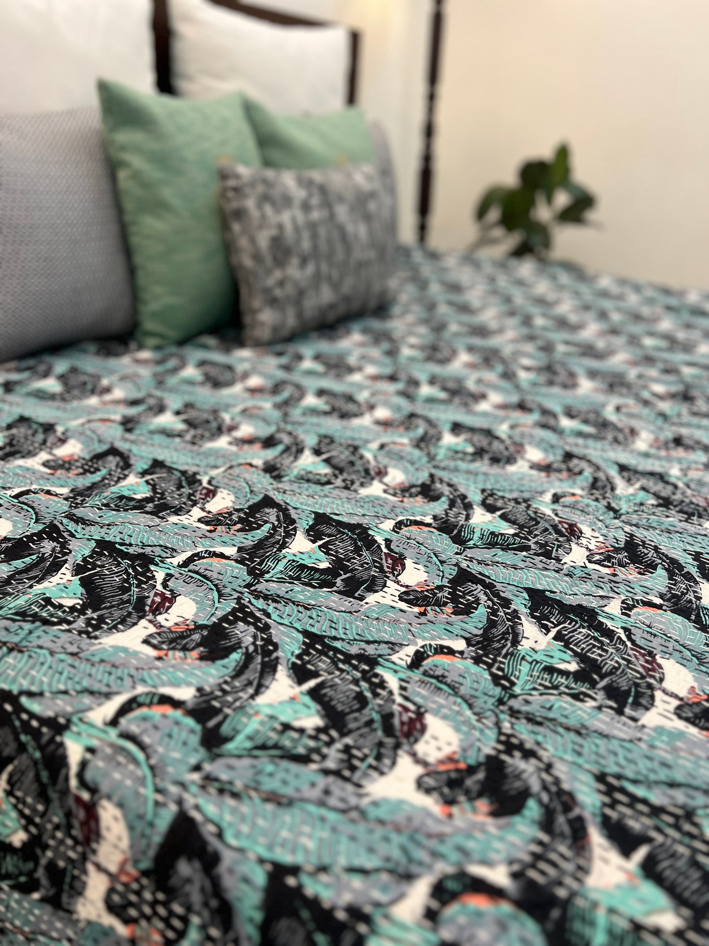 Kantha Bedcover | King Size | 90*108 Inches | Tropical Garden