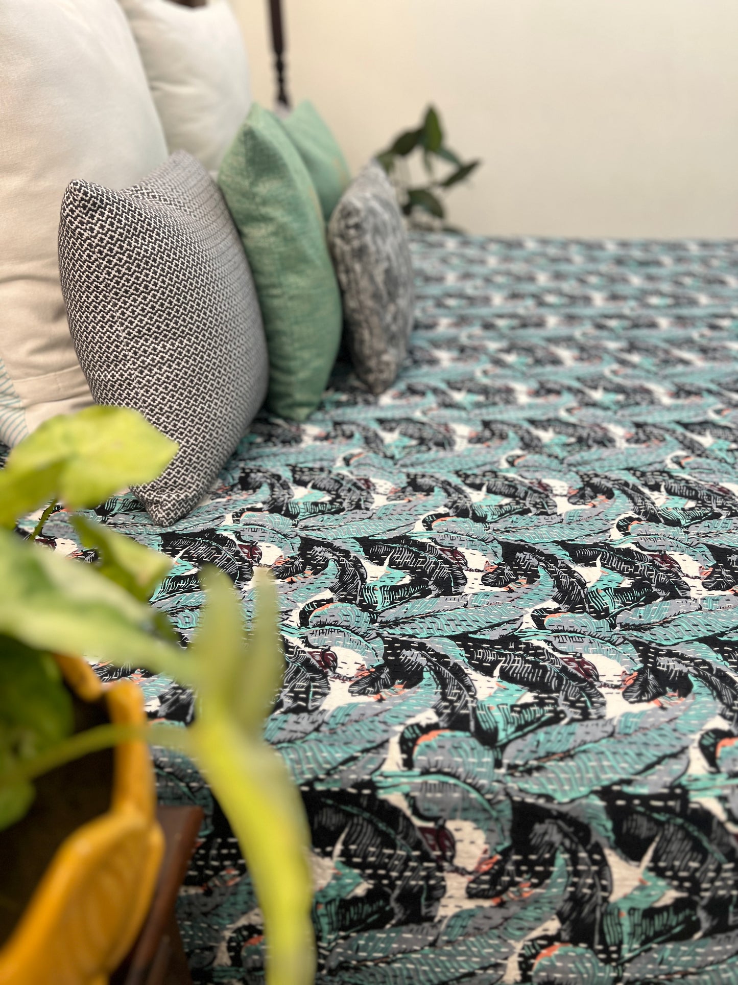 Kantha Bedcover | King Size | 90*108 Inches | Tropical Garden