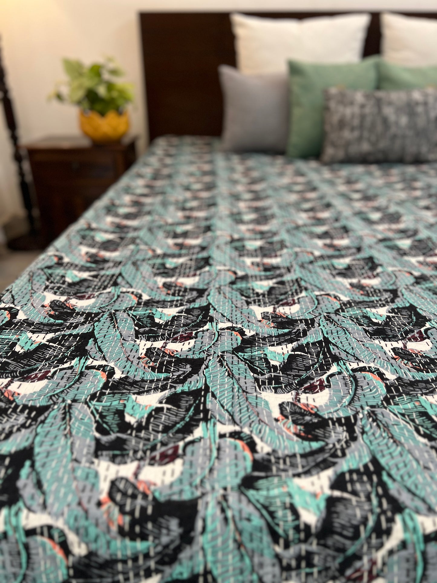 Kantha Bedcover | King Size | 90*108 Inches | Tropical Garden