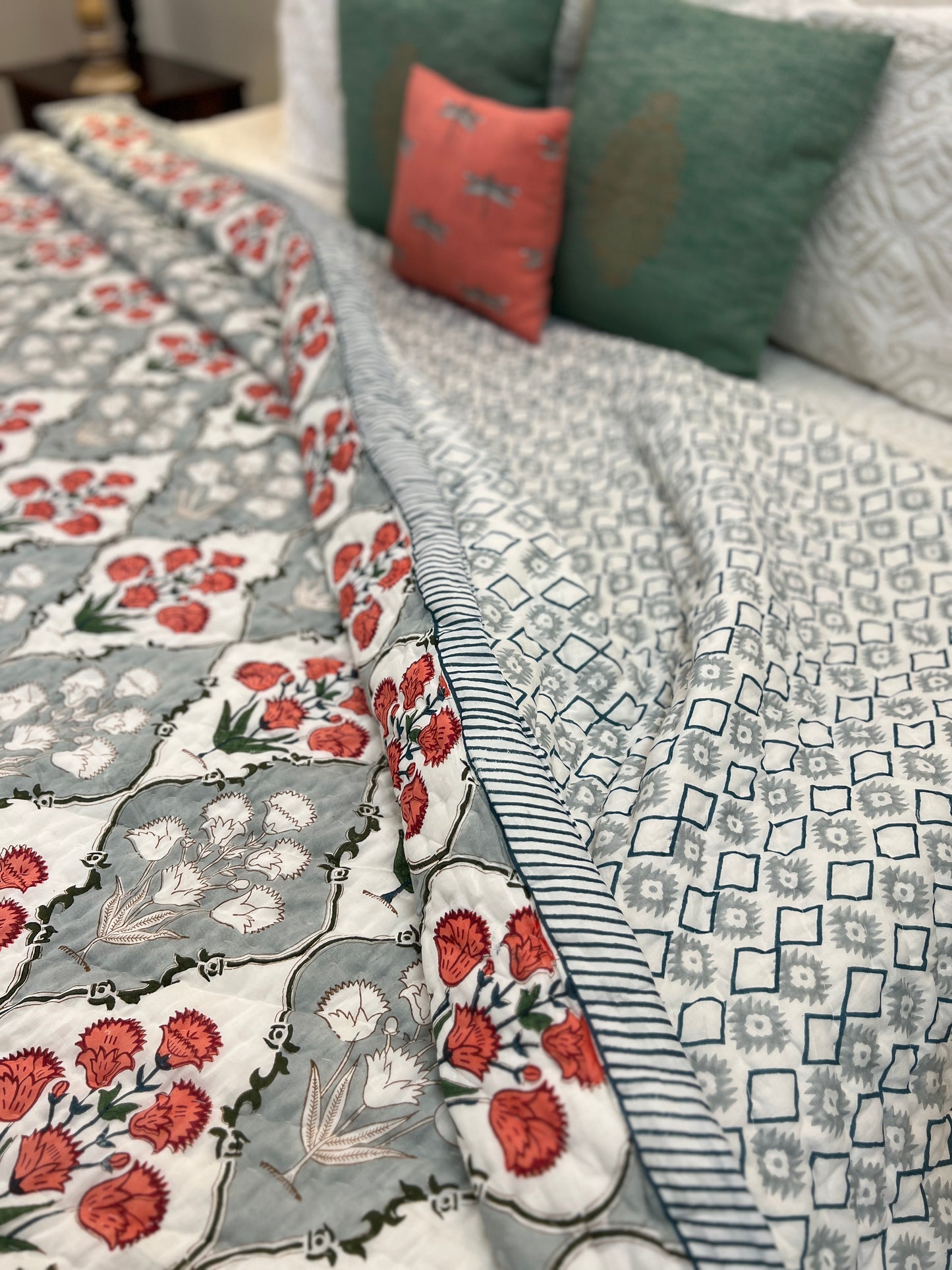 Reversible Hand Block Quilt | Botanical Bliss