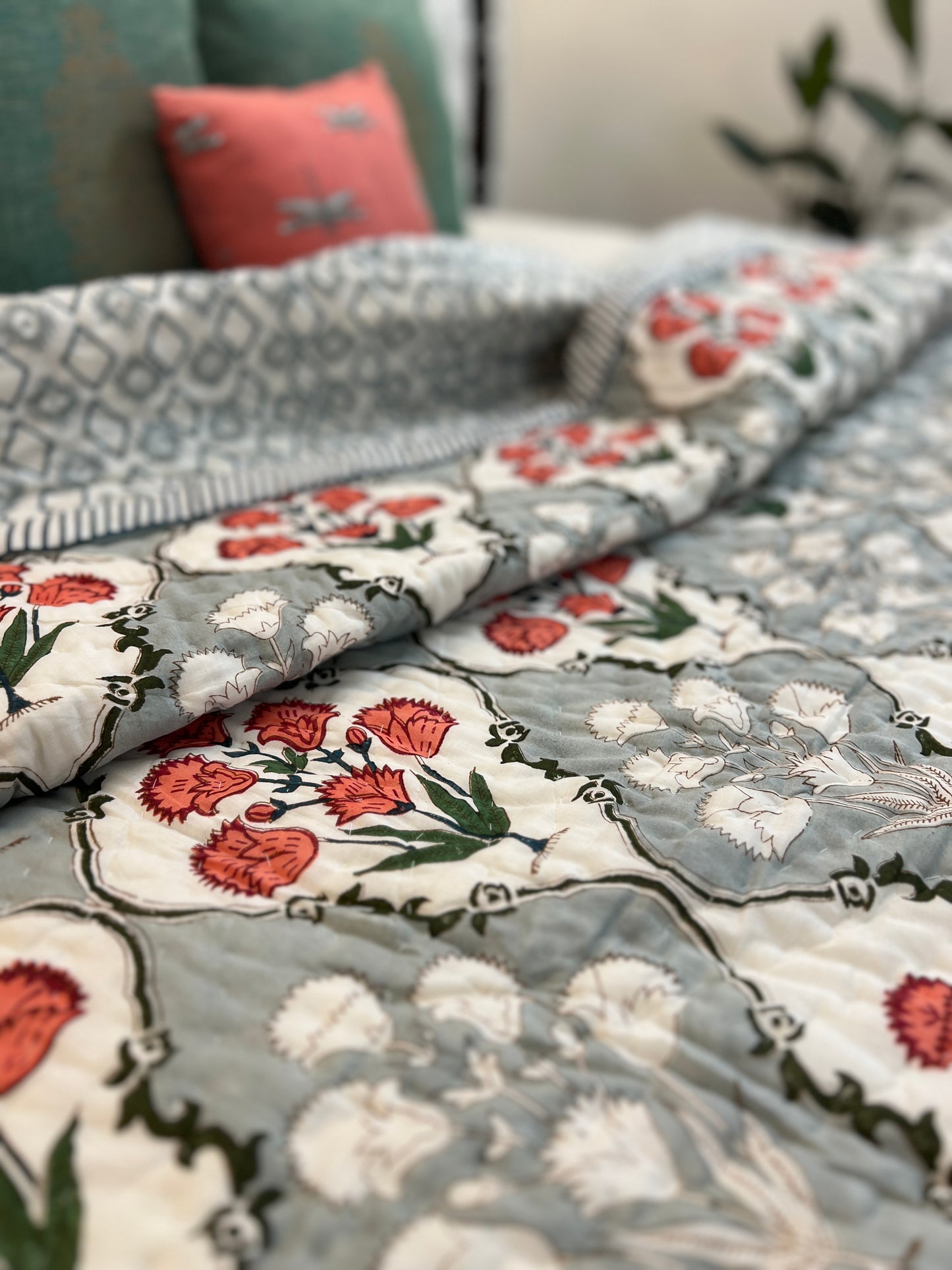 Reversible Hand Block Quilt | Botanical Bliss