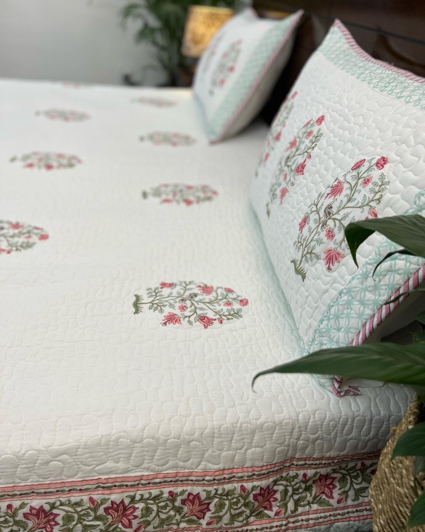 Quilted Bedcover | 90*108 Inches | Sukoon | Pink & Light Green