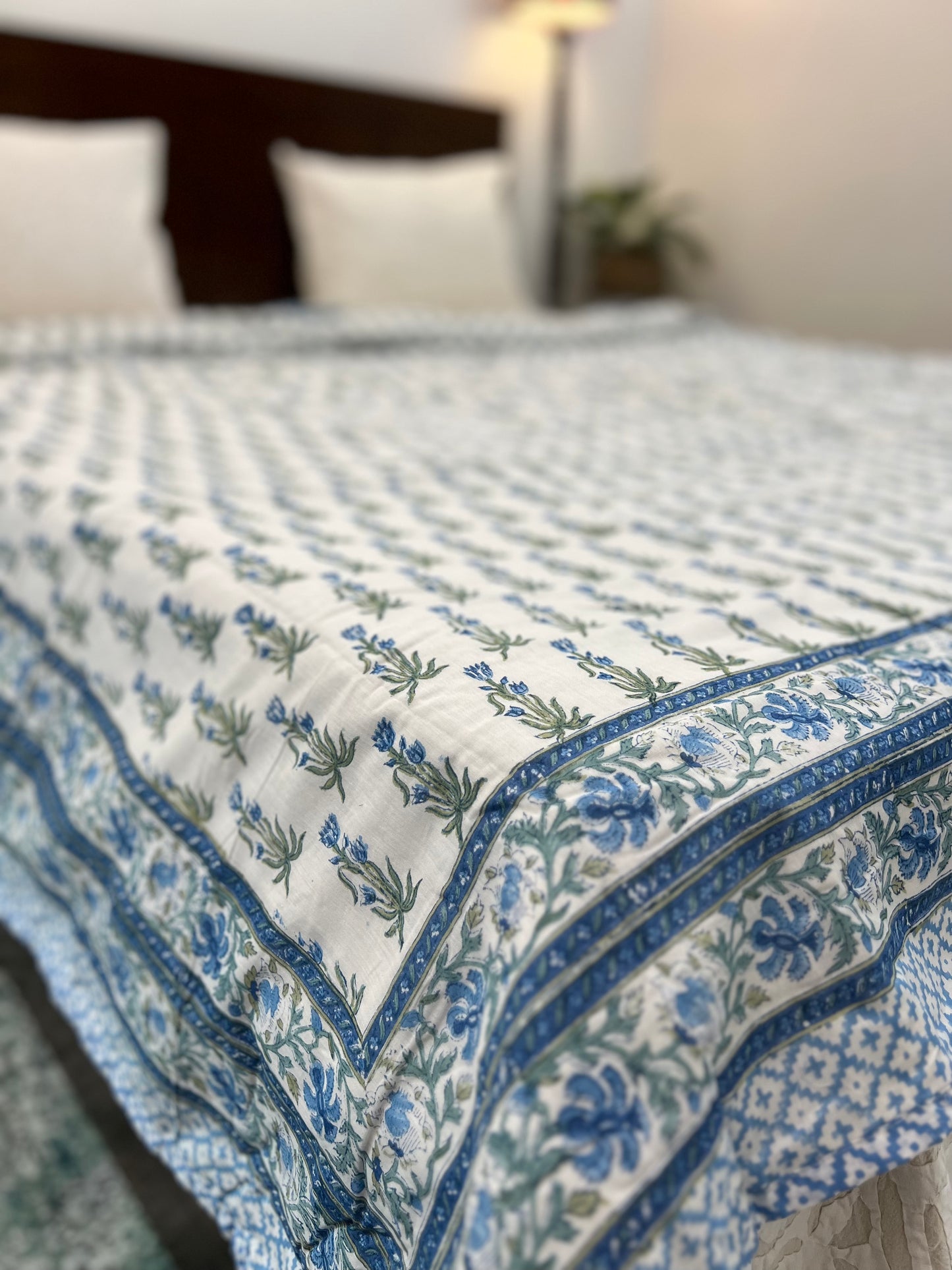 Reversible Hand Block Dohar | King Size | 90*108 Inches | Blue Booti Jaal