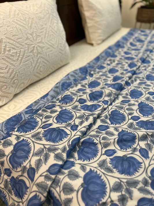 Reversible Hand Print Dohar | King Size | 90*108 Inches | Blue FLoral Jaal