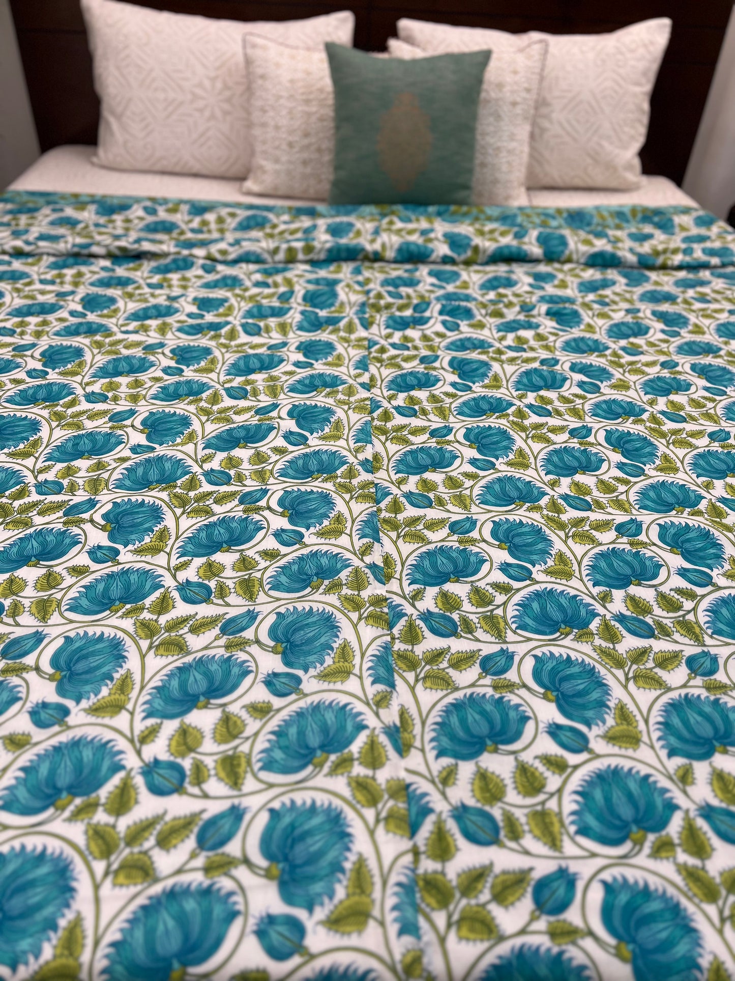 Reversible Hand Print Dohar | King Size | 90*108 Inches | Green Floral Jaal