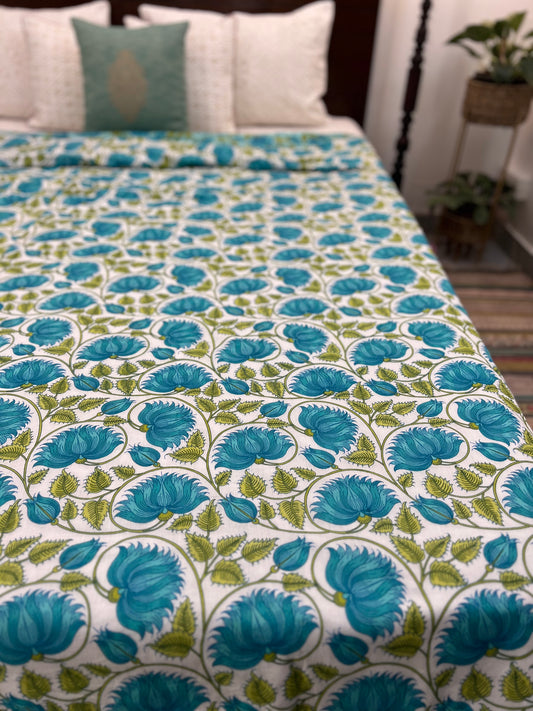 Reversible Hand Print Dohar | King Size | 90*108 Inches | Green Floral Jaal