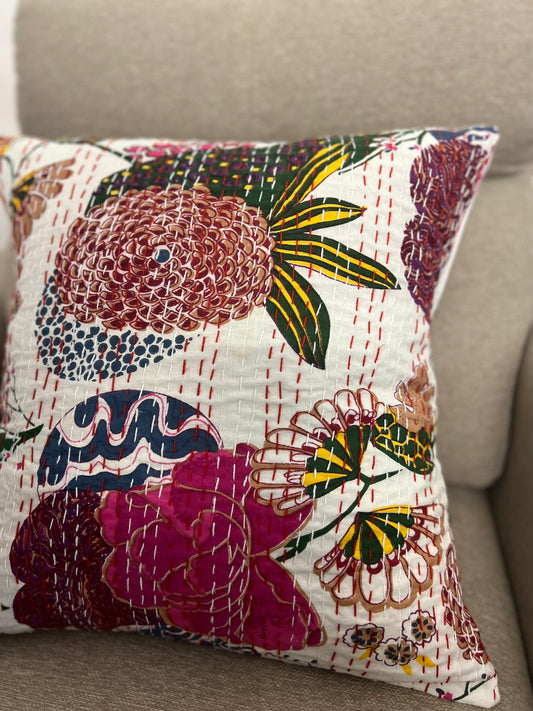 Kantha Cushion Cover  | 16*16 Inches | White-Pink Flowers