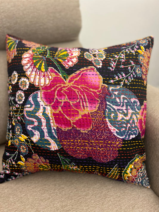 Kantha Cushion Cover | 16*16 Inches | Black-Pink Flowers