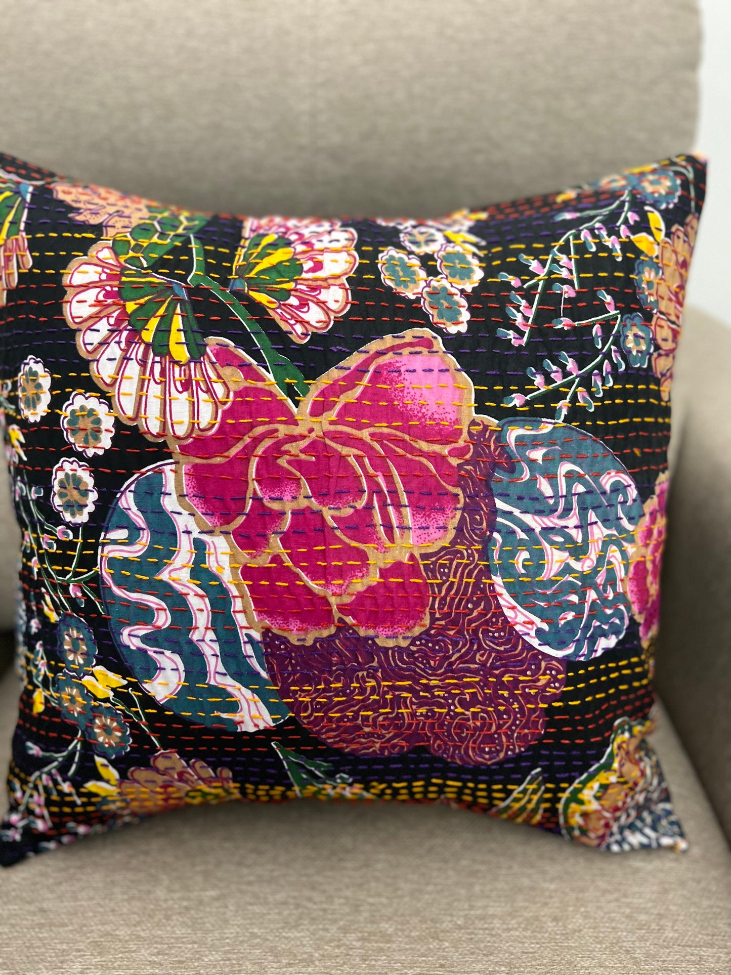 Kantha Cushion Cover | 16*16 Inches | Black-Pink Flowers