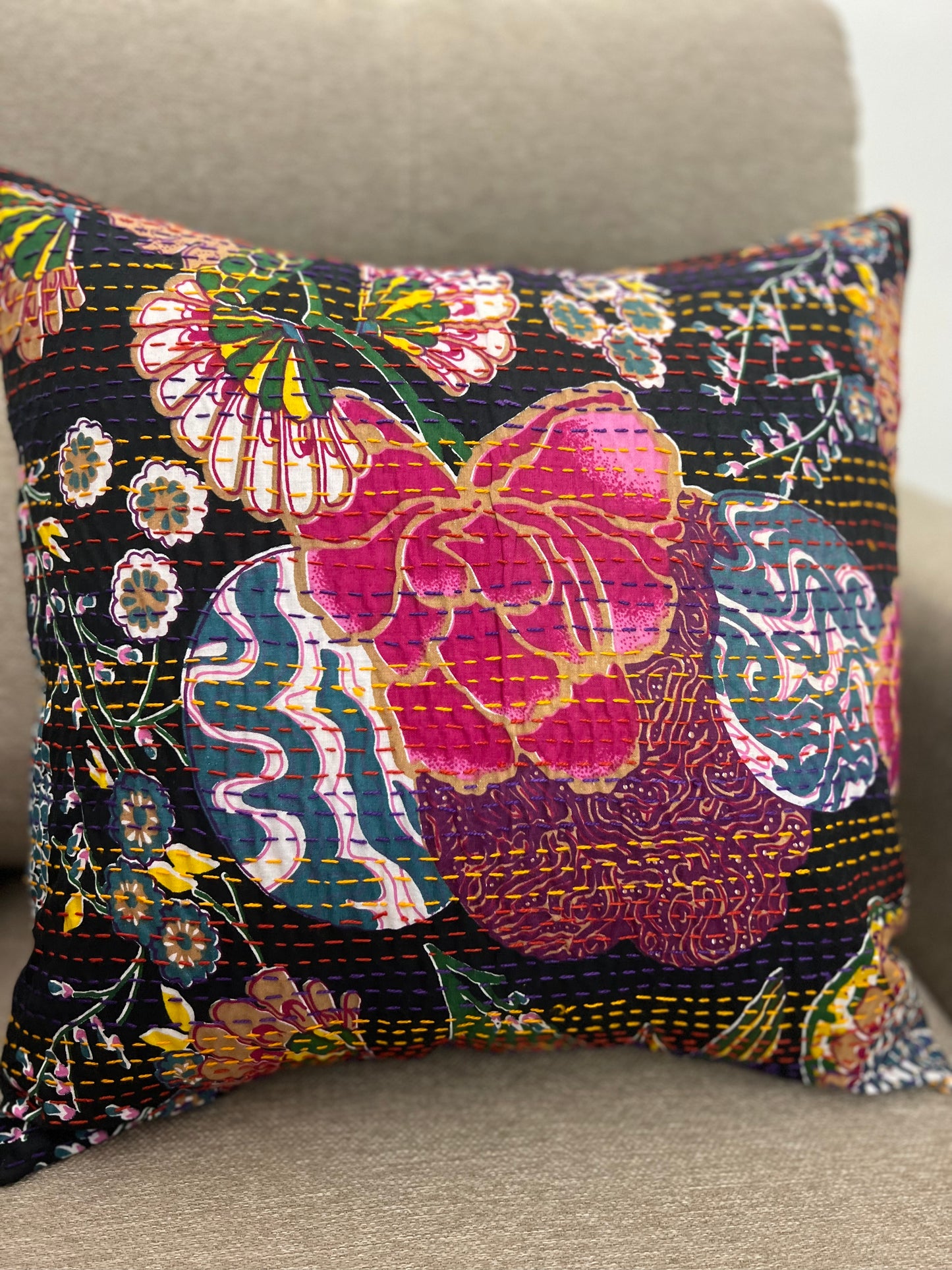 Kantha Cushion Cover | 16*16 Inches | Black-Pink Flowers