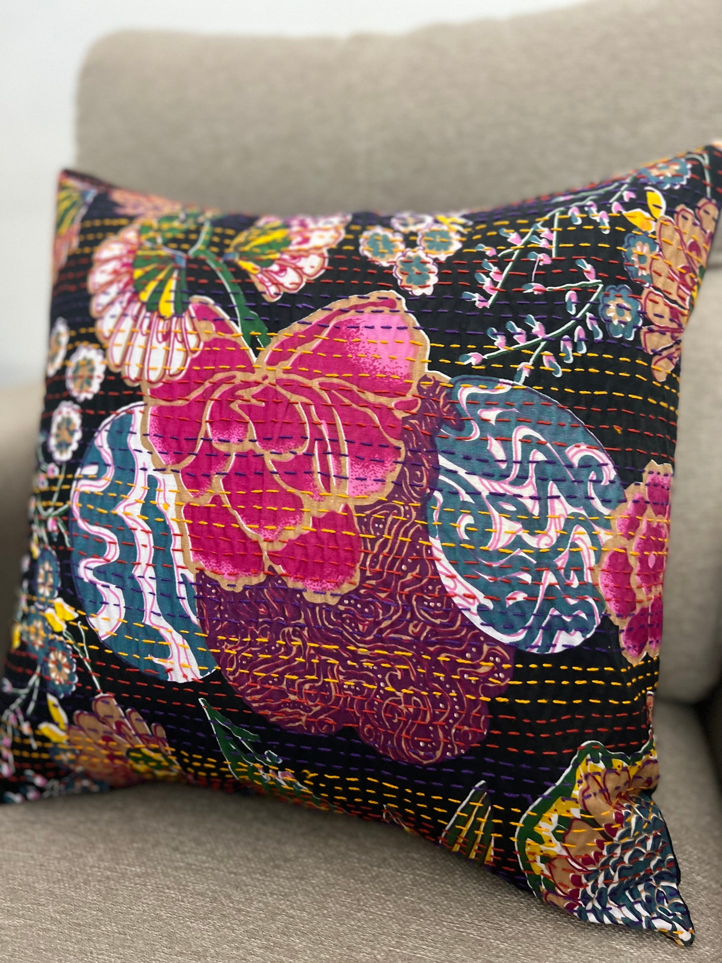 Kantha Cushion Cover | 16*16 Inches | Black-Pink Flowers