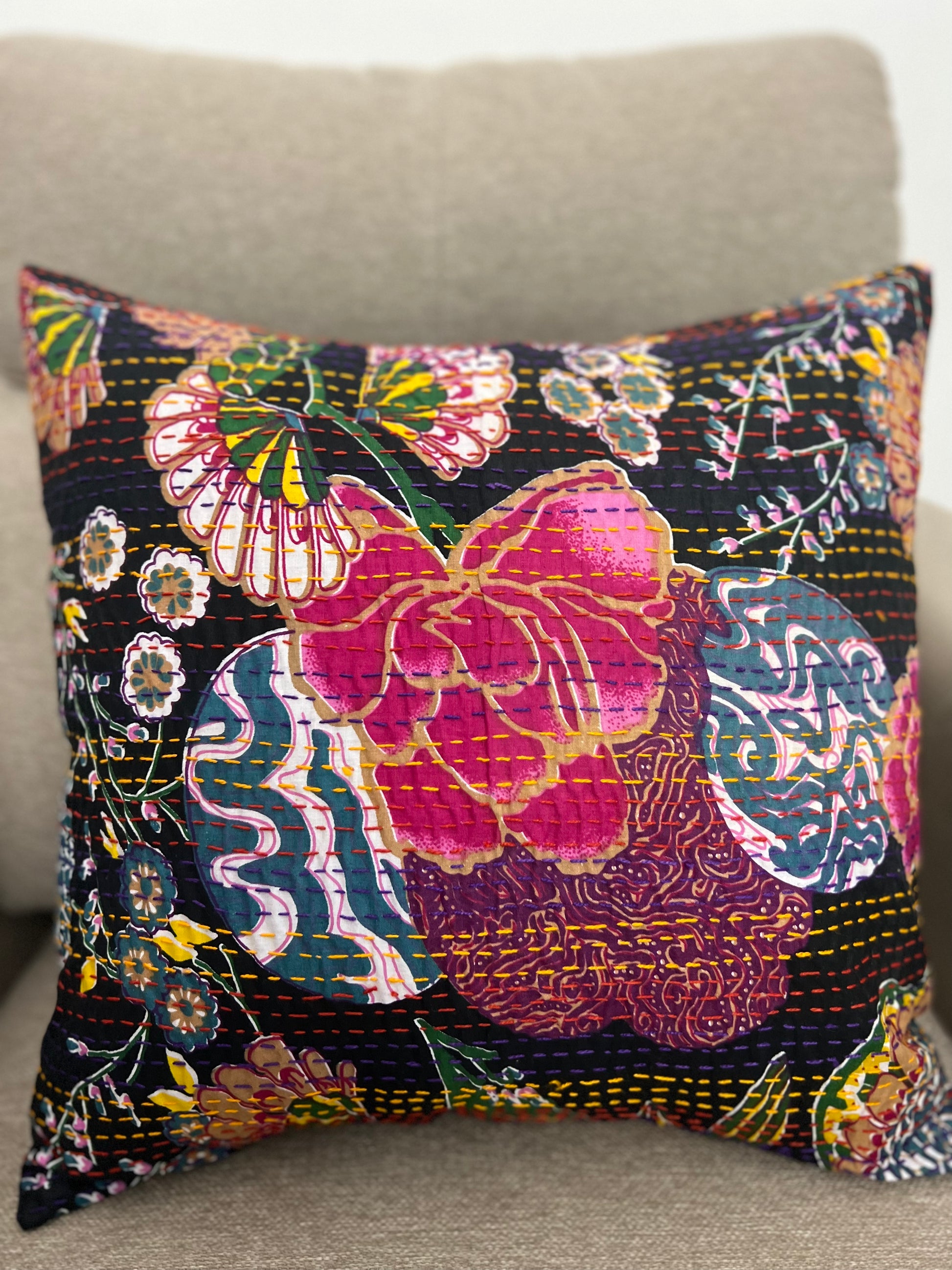 Kantha Cushion Cover 16 16 Inches Black Pink Flowers Indierootsjaipur