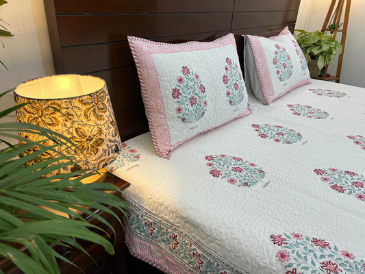 Quilted Bedcover | 90*108 Inches | Pink Aqua