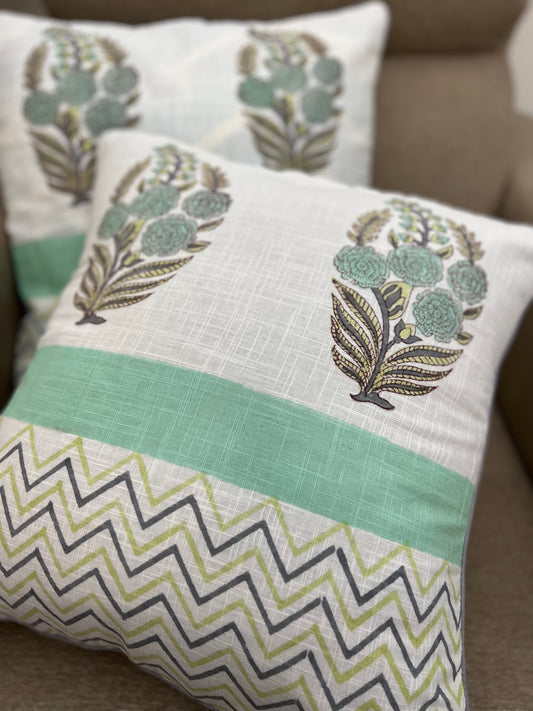 Pair | Slub Cotton Cushion Cover | 16*16 Inches | Aqua Green Zig-Zag