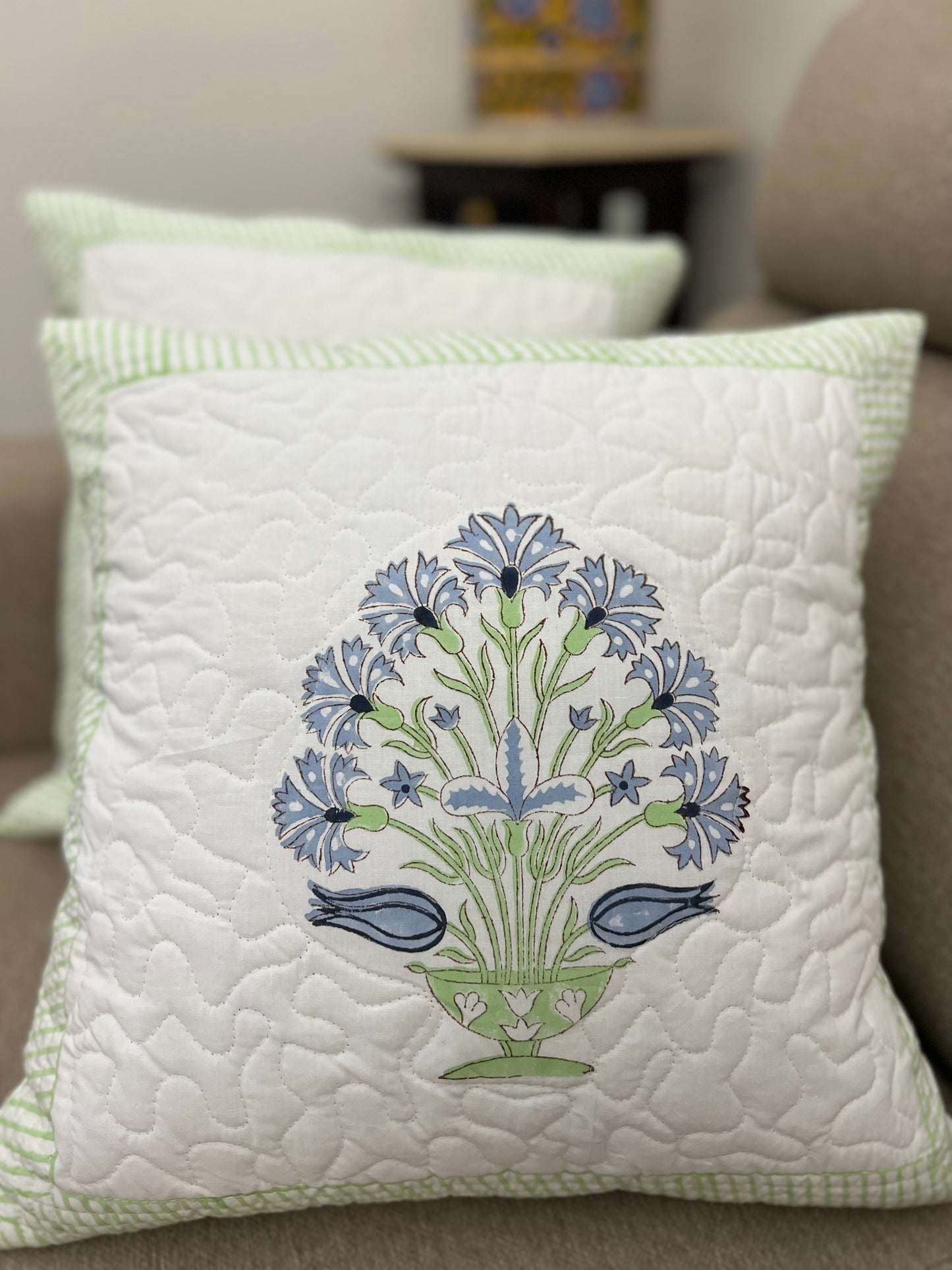 Pair | Quilted Cushion Cover | 16*16 Inches | Light Blue & Green