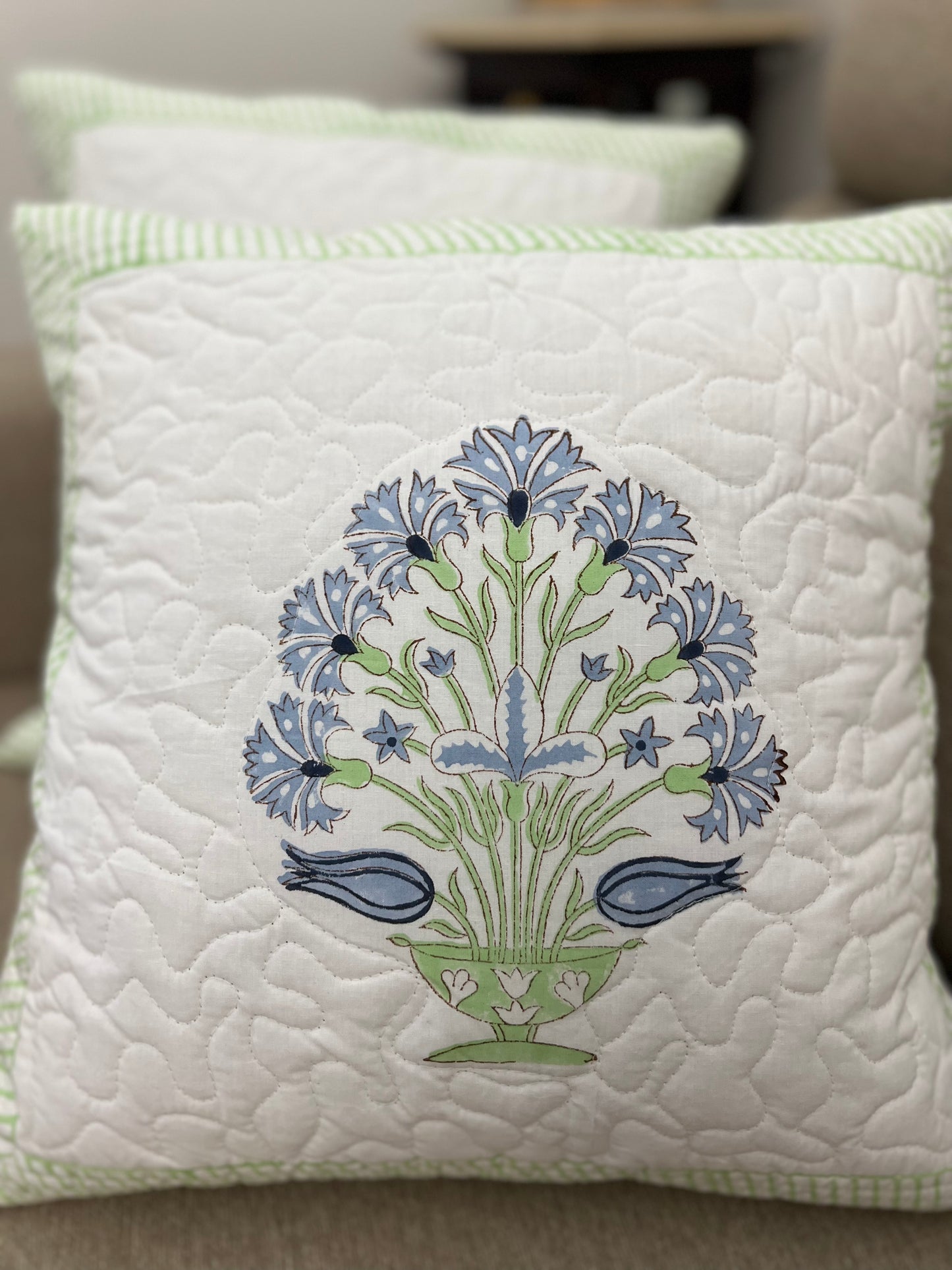 Pair | Quilted Cushion Cover | 16*16 Inches | Light Blue & Green